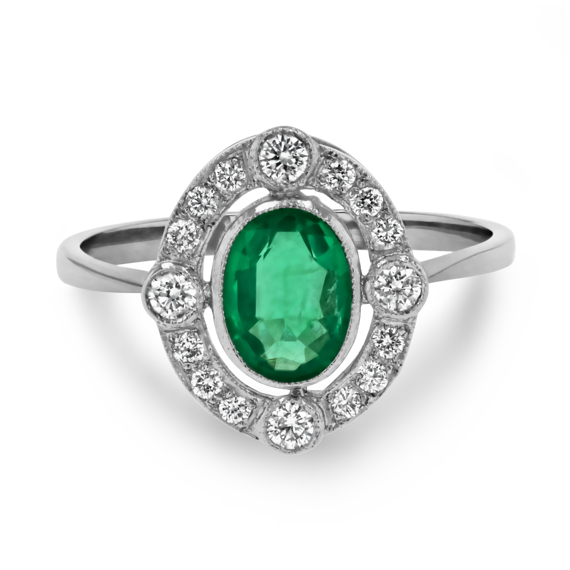 Art Deco Inspired 0.80ct Emerald and Diamond Cluster Ring Oval Cut, Millegrain Set_2