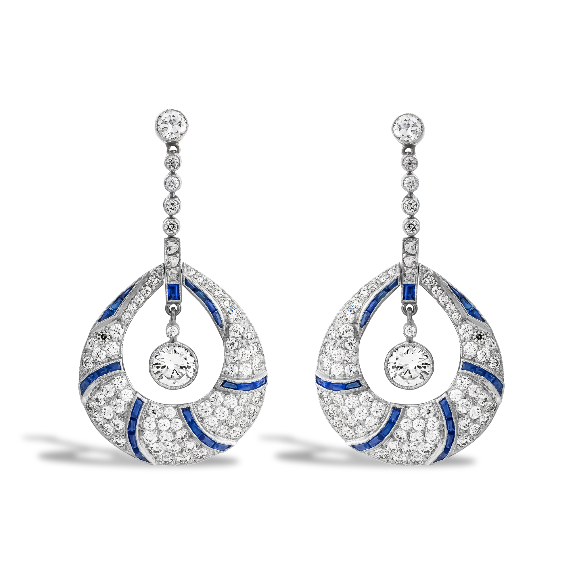 Old Cut 4.07ct Diamond and Sapphire Drop Earrings European Old & Mixed Cut, Millegrain Set_1