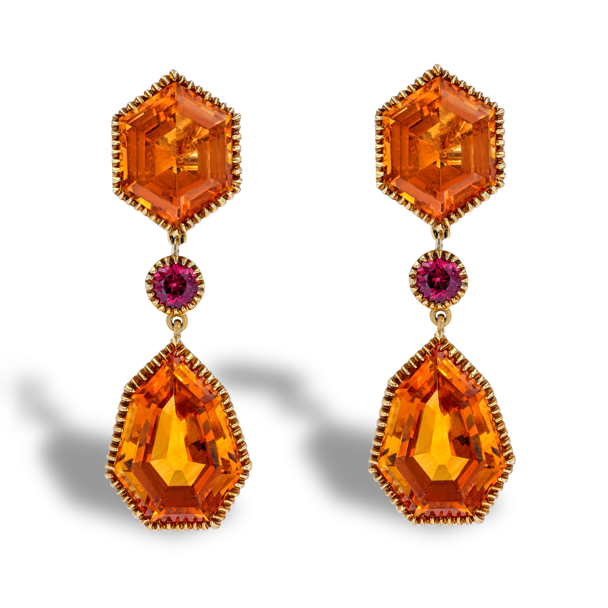 Verdura Citrine & Garnet Byzantine Drop Earrings Hexagonal & Brilliant Cut, Millegrain Set_1