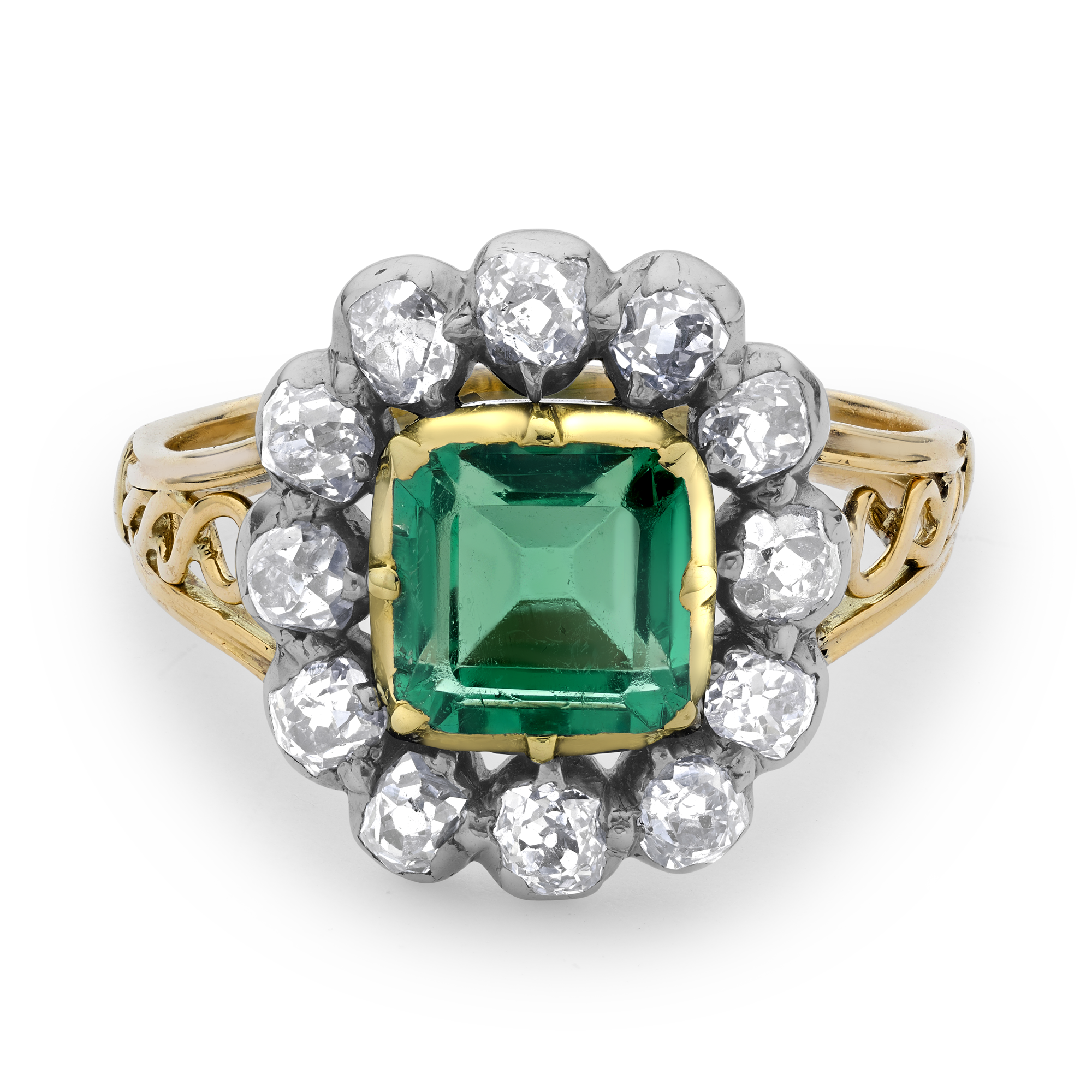 Victorian 1.16ct Colombian Emerald and Diamond Cluster Ring Octagonal Cut, Claw Set_2