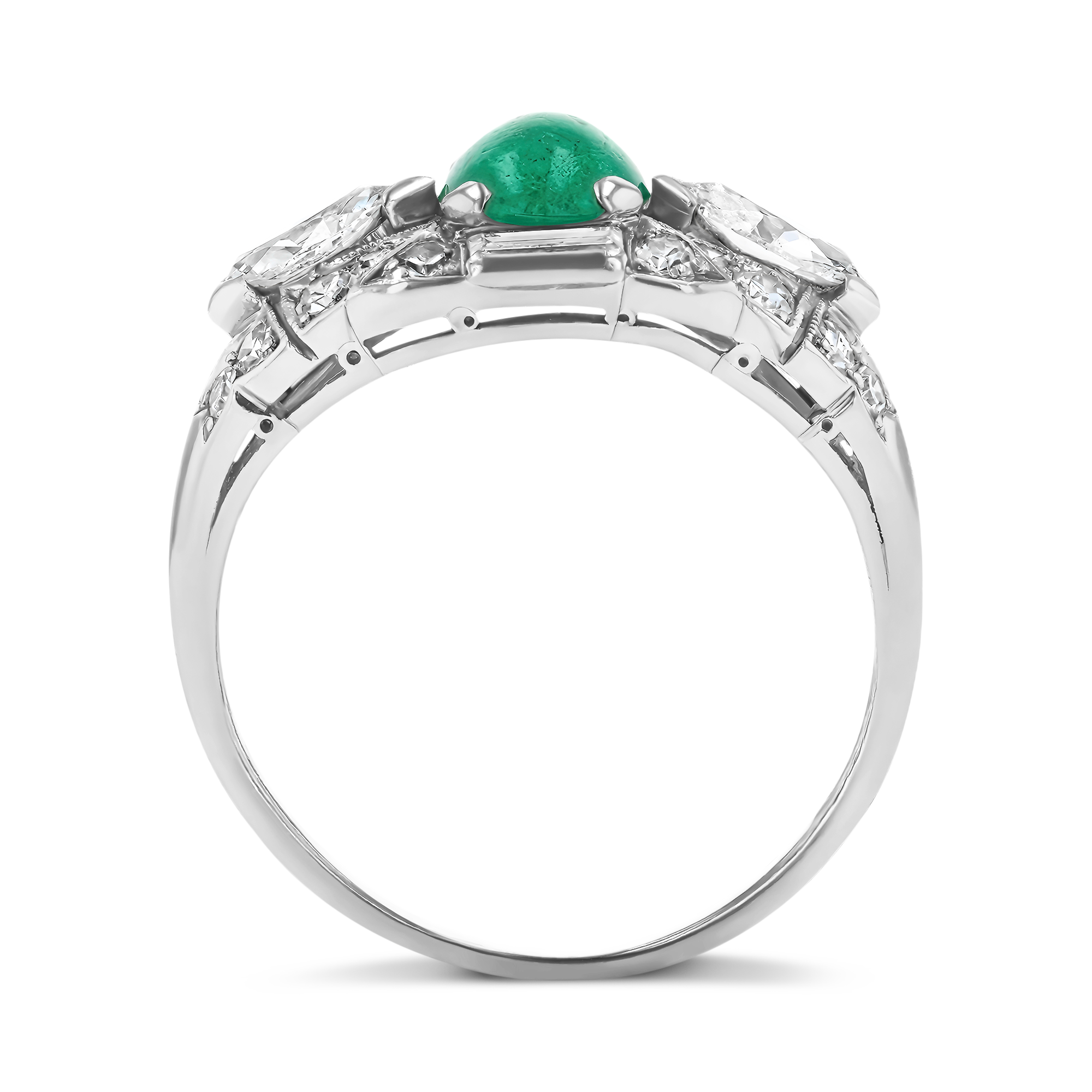 Edwardian Cabochon Cut Emerald and Diamond Ring Cabochon Cut, Claw Set_3