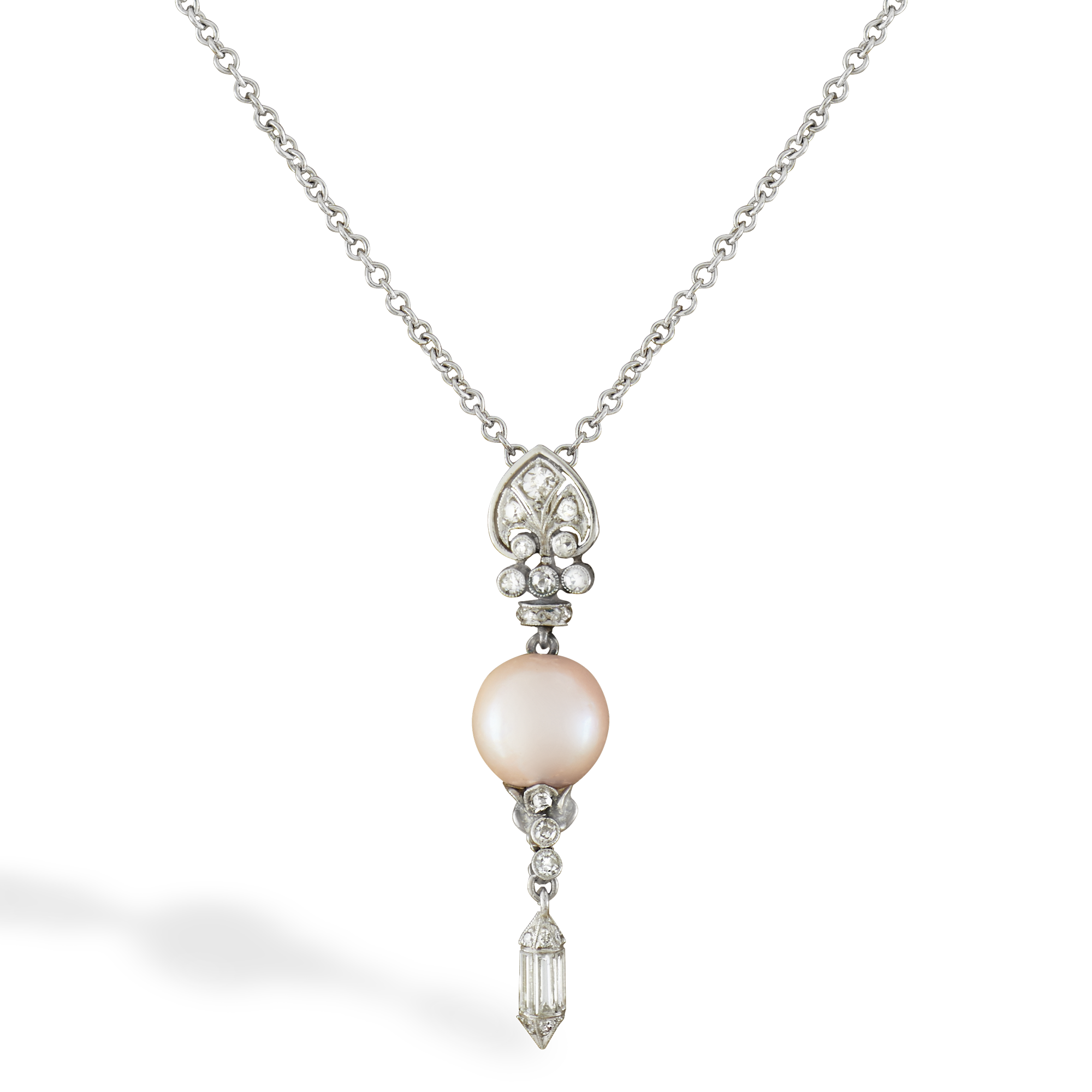 Edwardian Natural Pearl and Diamond Pendant Natural Pearl Pendant, with Baguette Cut Diamond_1