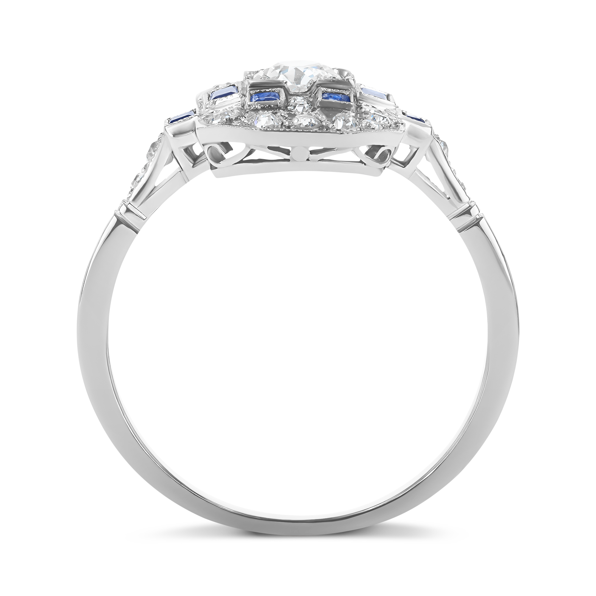 Art Deco Old European Cut Diamond and Sapphire Plaque Ring Old European Cut, Pave Set_3