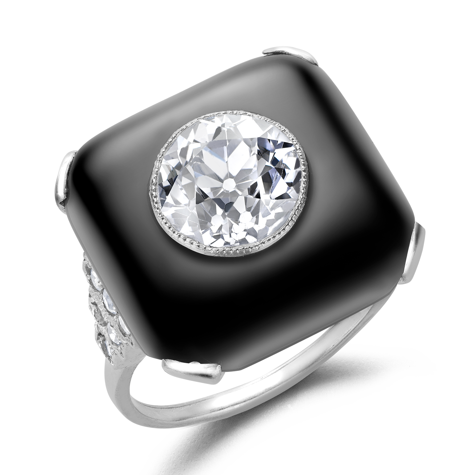 Art Deco 2.50ct Onyx and Diamond Plaque Ring Brilliant Cut, Millegrain Set_1