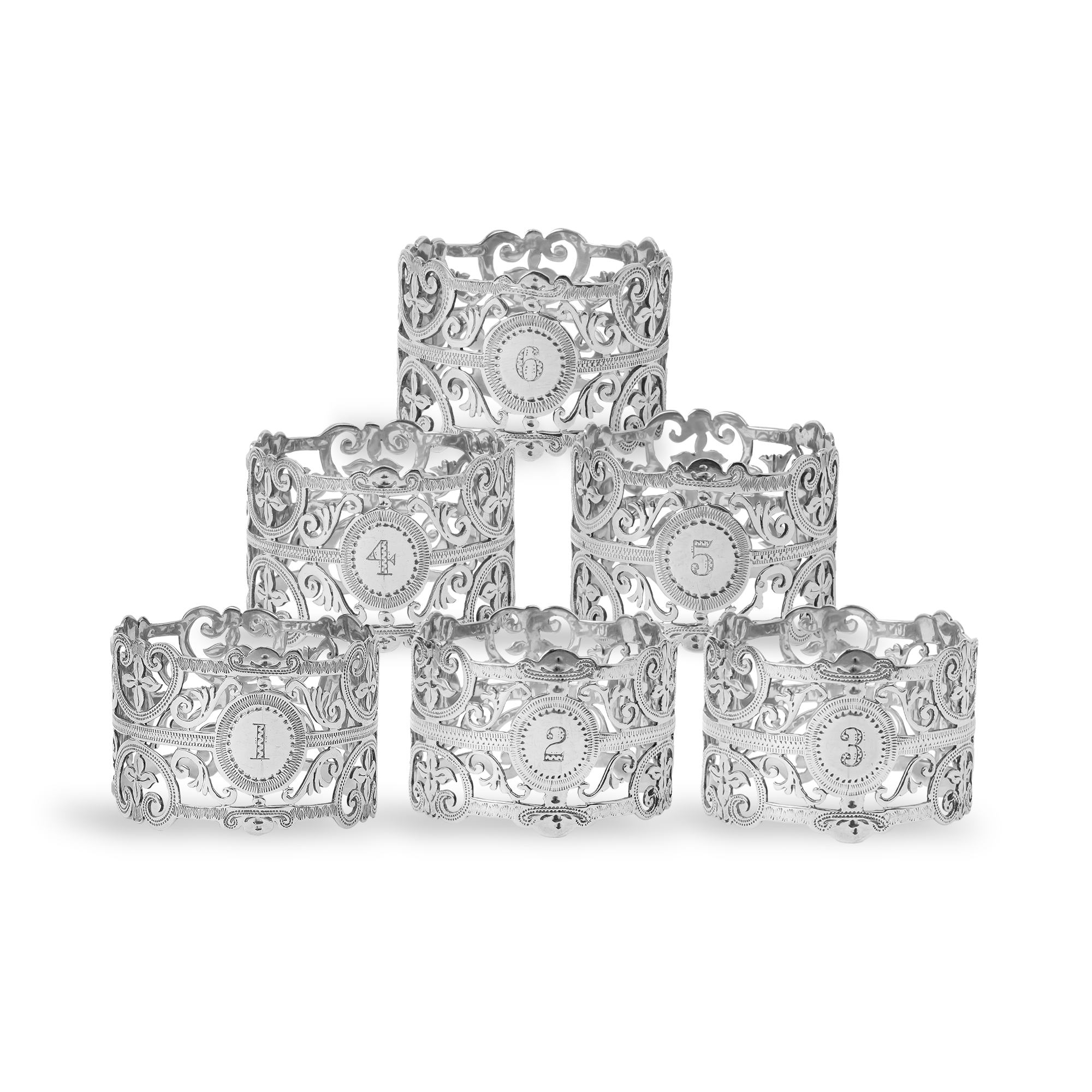 Silver Set of Six Numbered Decorative Napkin Rings _2