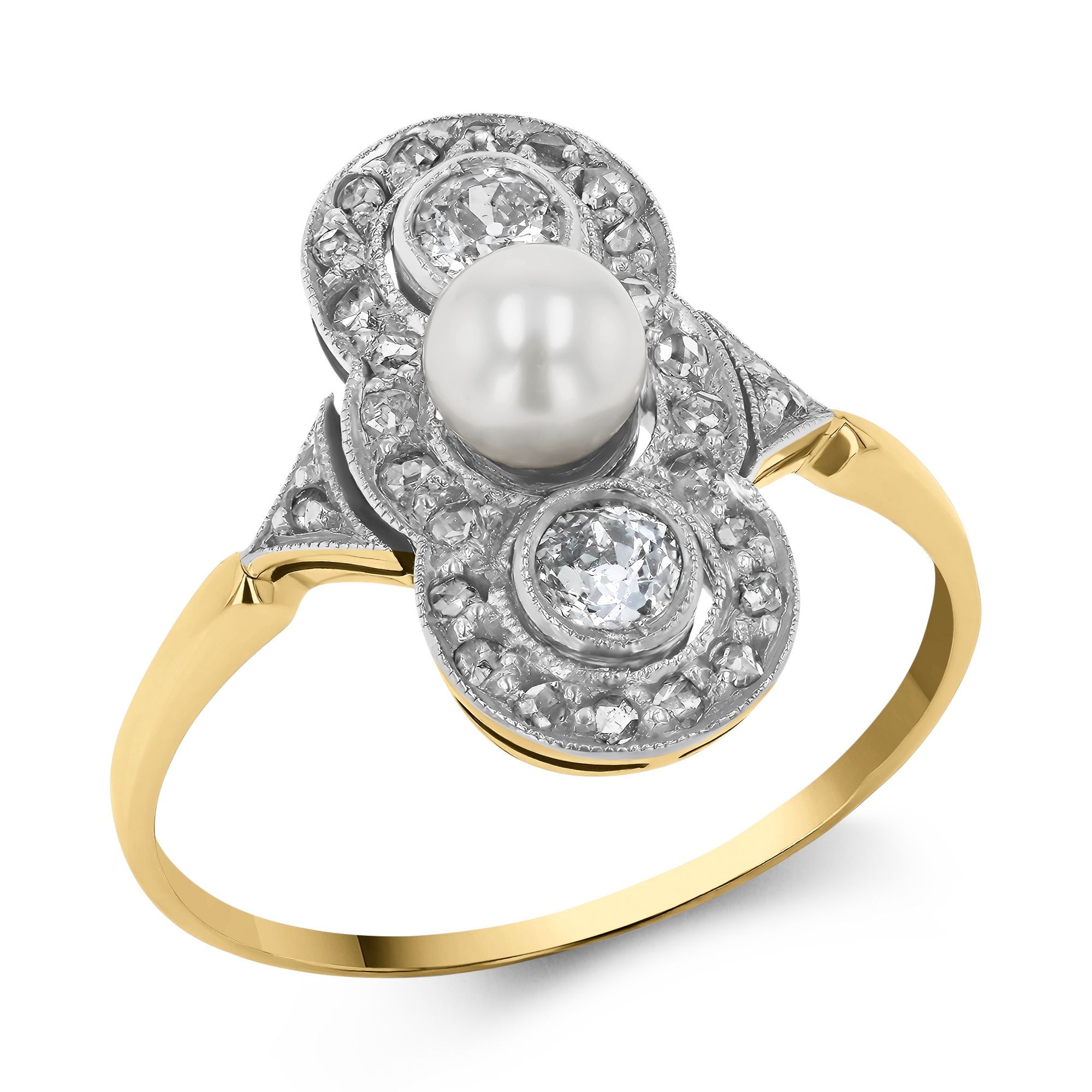 Edwardian Pearl and Old European Cut Diamond Scalloped Plaque Ring Old European Cut_1