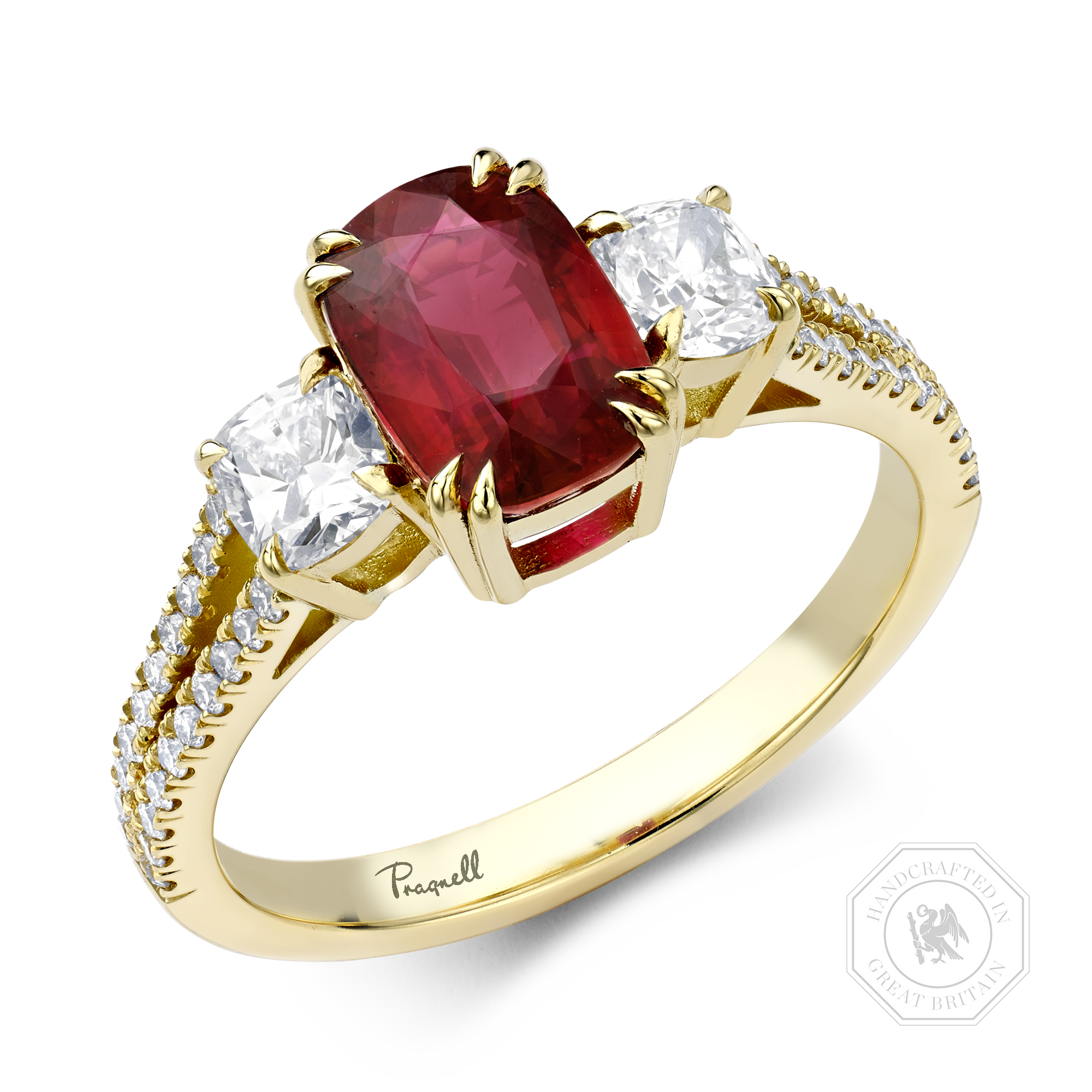 Mozambique 2.04ct Ruby and Diamond Three Stone Ring Cushion Cut, Claw Set_1