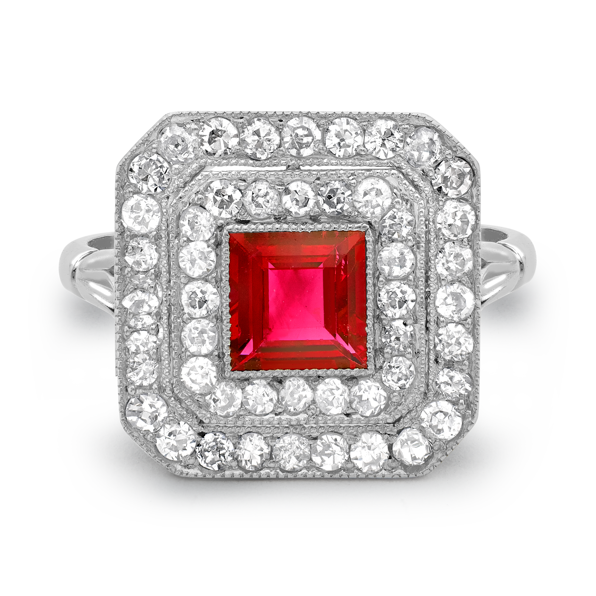 Art Deco 0.65ct Ruby and Diamond Plaque Ring Square Step Cut, Claw Set_2