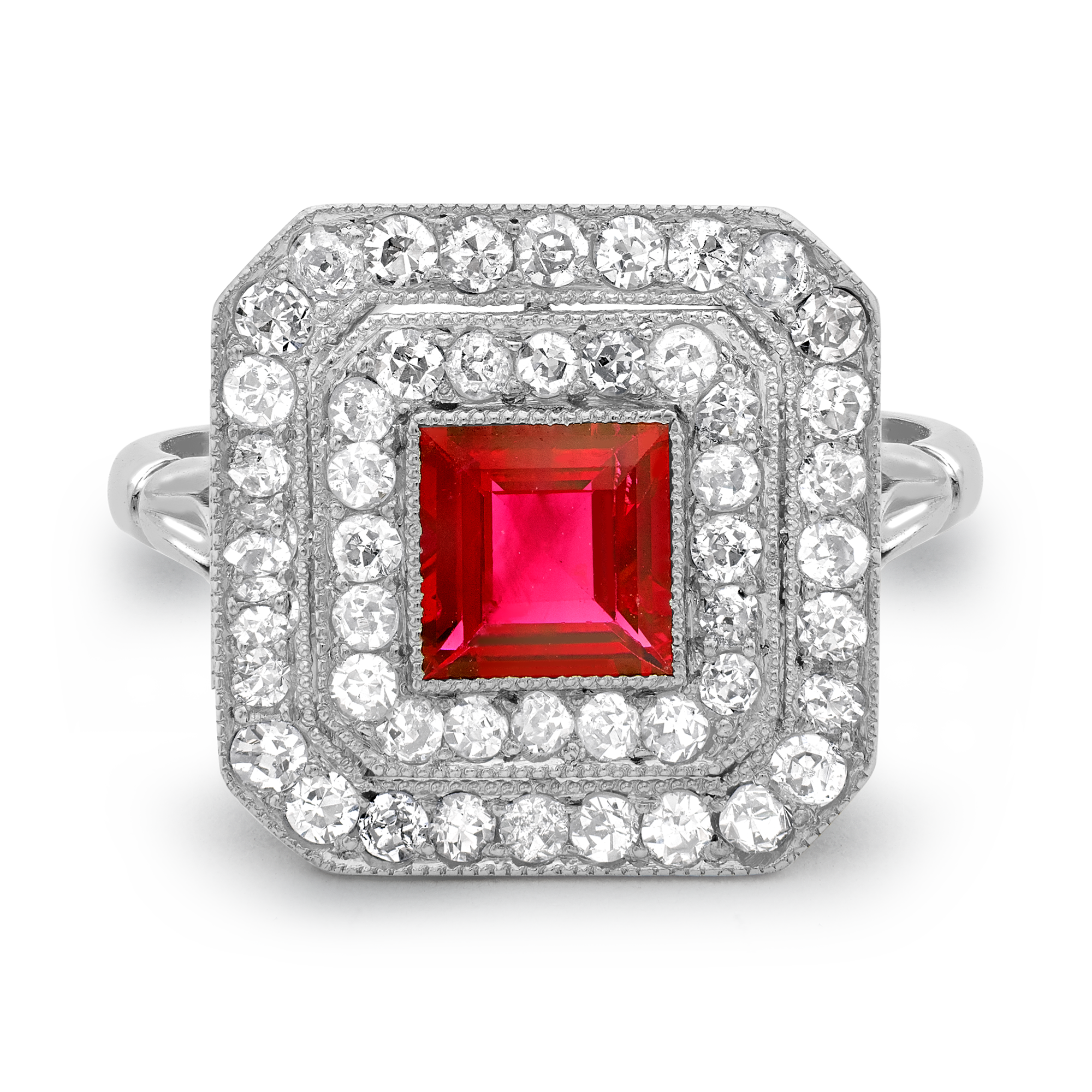 Art Deco 0.65ct Ruby and Diamond Plaque Ring Square Step Cut, Claw Set_2