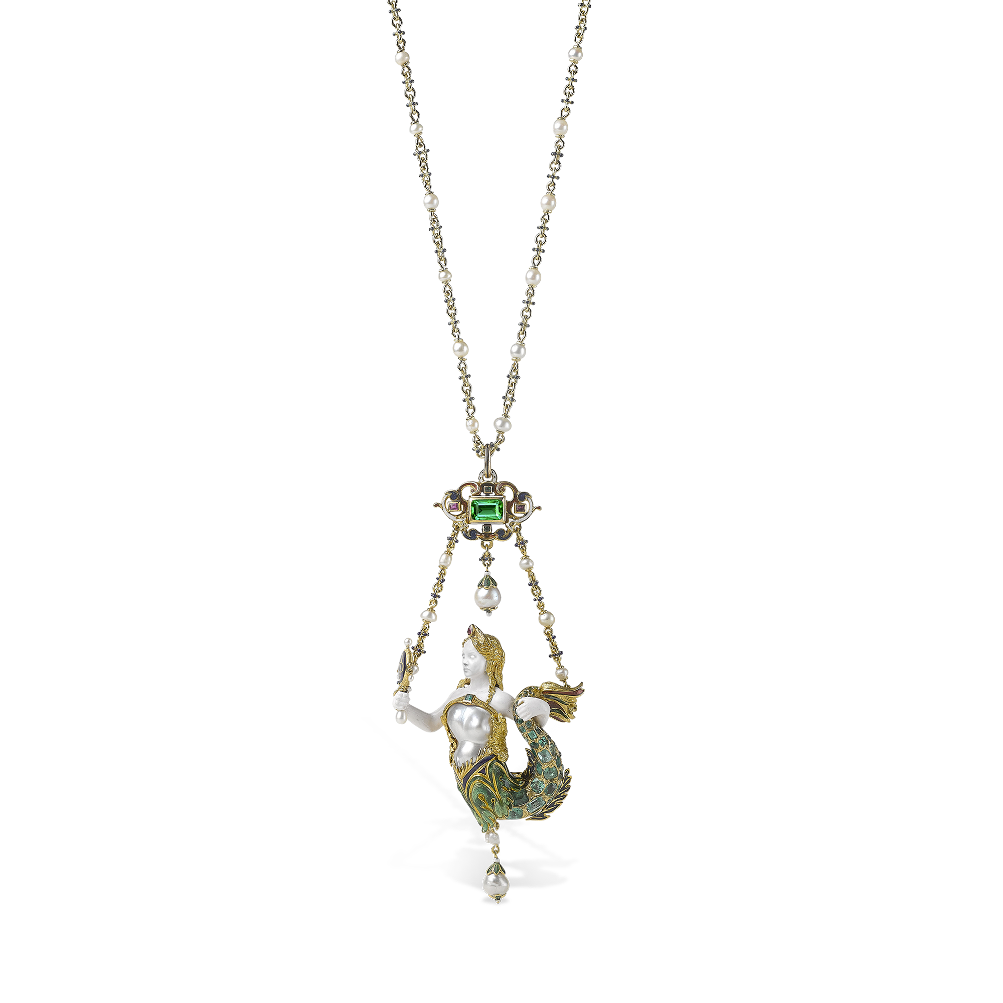 Victorian Emerald Mermaid Pendant Mixed Cut, with Pearl and Enamel Detail_1