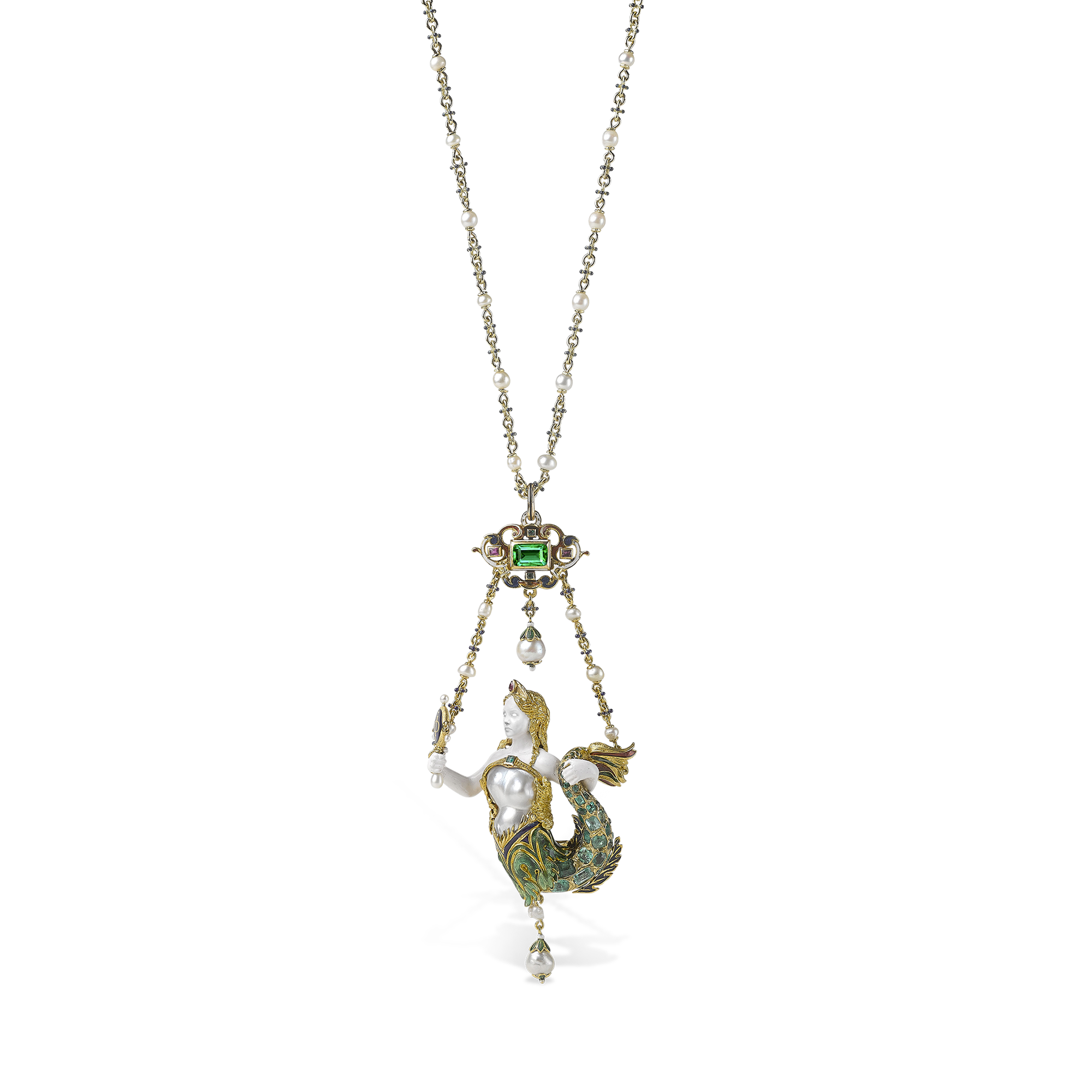 Victorian Emerald Mermaid Pendant Mixed Cut, with Pearl and Enamel Detail_1