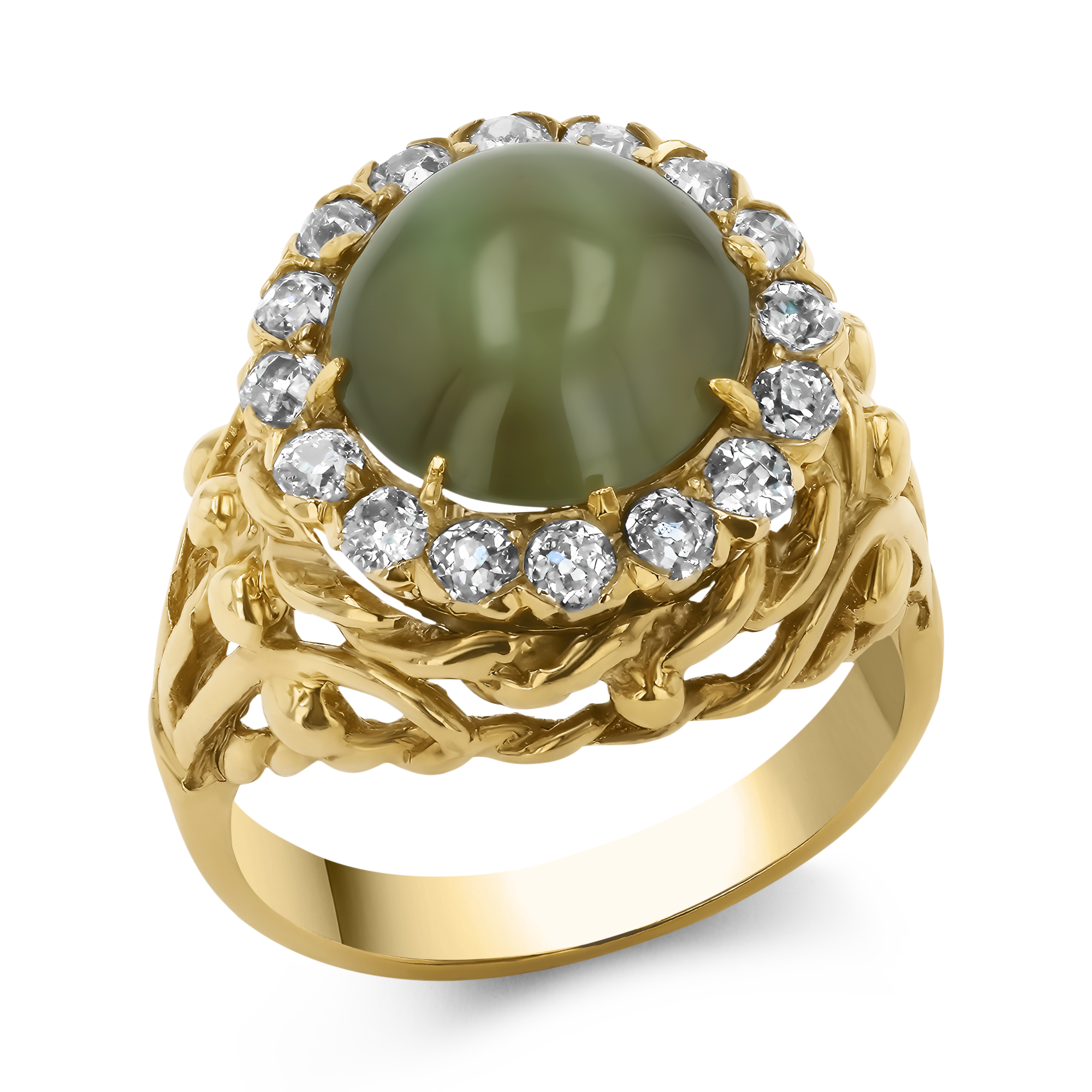 Cabochon Cut Green Cats Eye and Diamond Ring Cabochon Cut, Claw Set_1