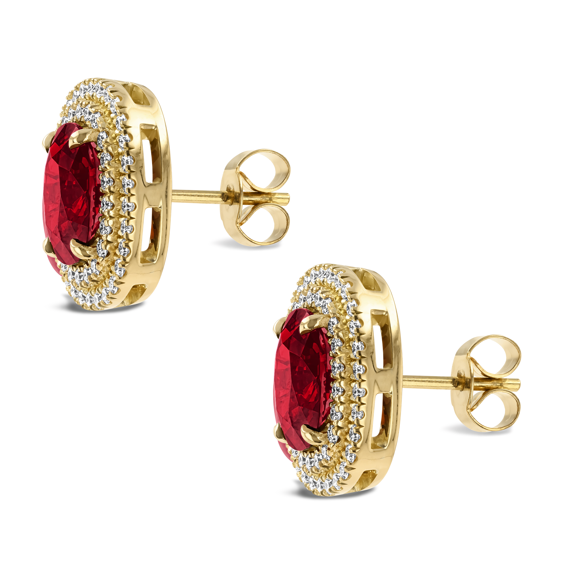 Mozambique Ruby Cluster Earrings with Diamond Halo Oval Cut, Four Claw Set_2