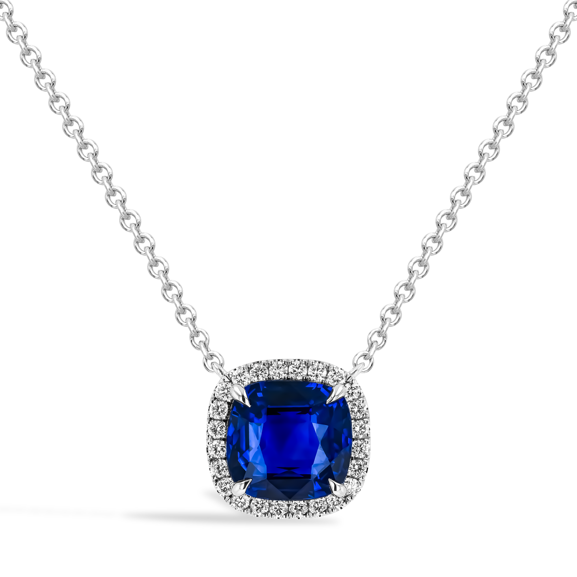 Cushion cut sapphire pendant with Diamond surround Cushion & Brilliant Cut, Claw Set_1