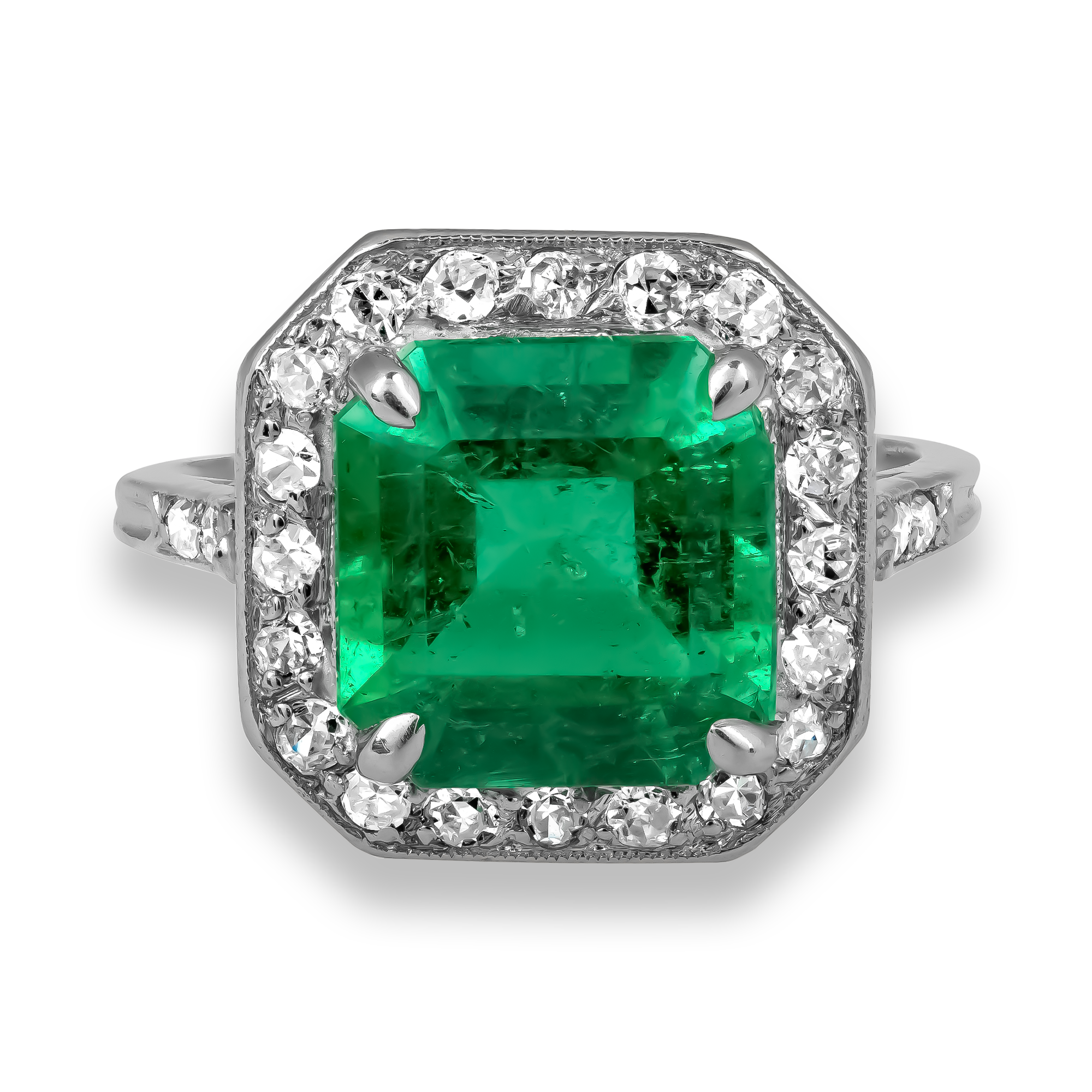 Edwardian Octagonal Cut 3.17ct Emerald and Diamond Ring Octagonal Cut, Claw Set_2