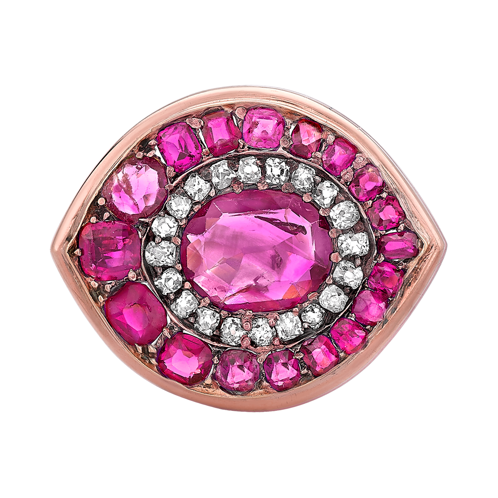 Art Deco Ruby Cluster Ring Oval Cut Ruby Ring, with Diamond & Ruby Surround_2
