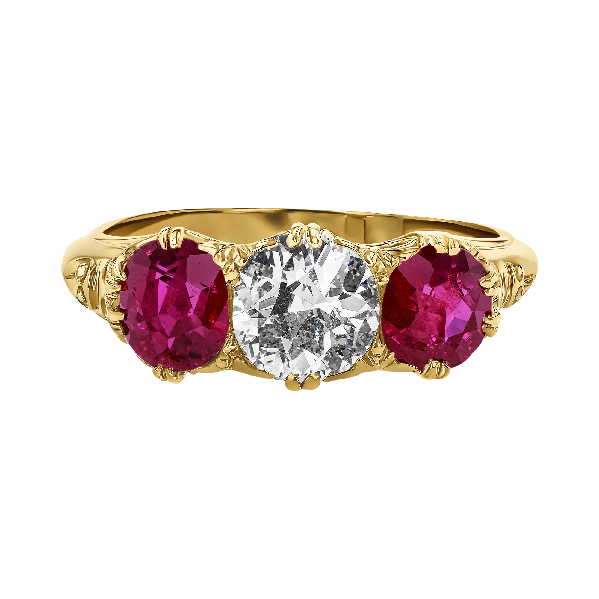 Victorian 1.55ct Ruby and Diamond Three Stone Ring Claw Set_2