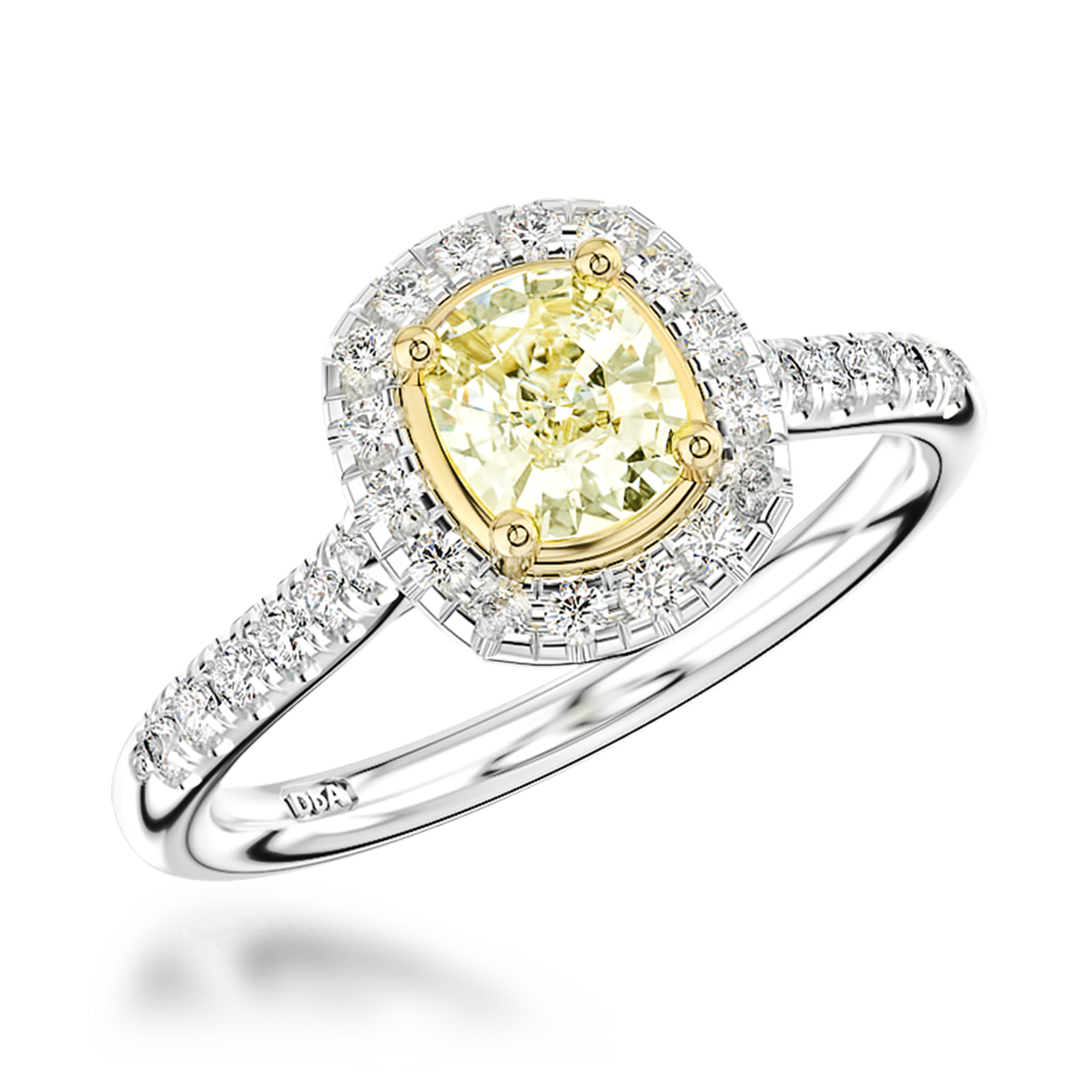 Fancy Yellow Diamond Cluster Ring with Diamond Surround and Shoulders Cushion Modern Cut, Four Claw Set_1