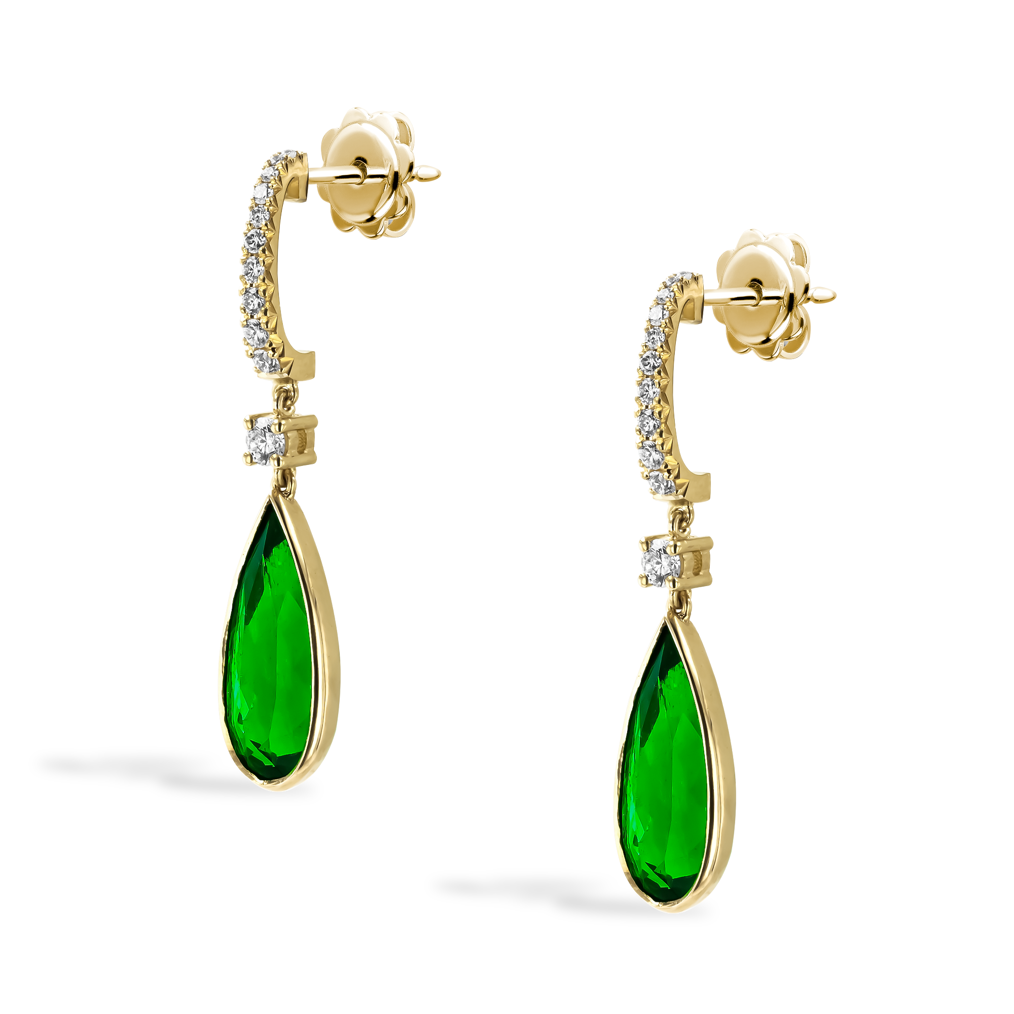 Colombian Emerald Half Hoop Drop Earrings Pear & Brilliant Cut, Claw & Rubover Set_2