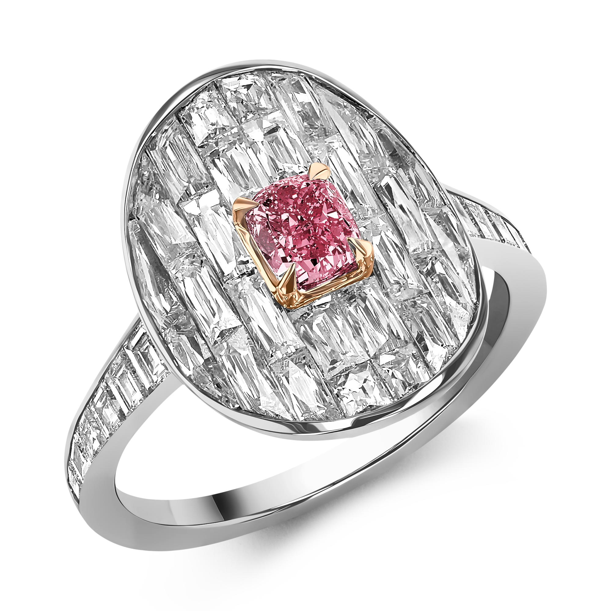Masterpiece Fancy Vivid Pink Diamond Stage Setting Ring Cushion, French & Carre Cut, Claw & Channel Set_1