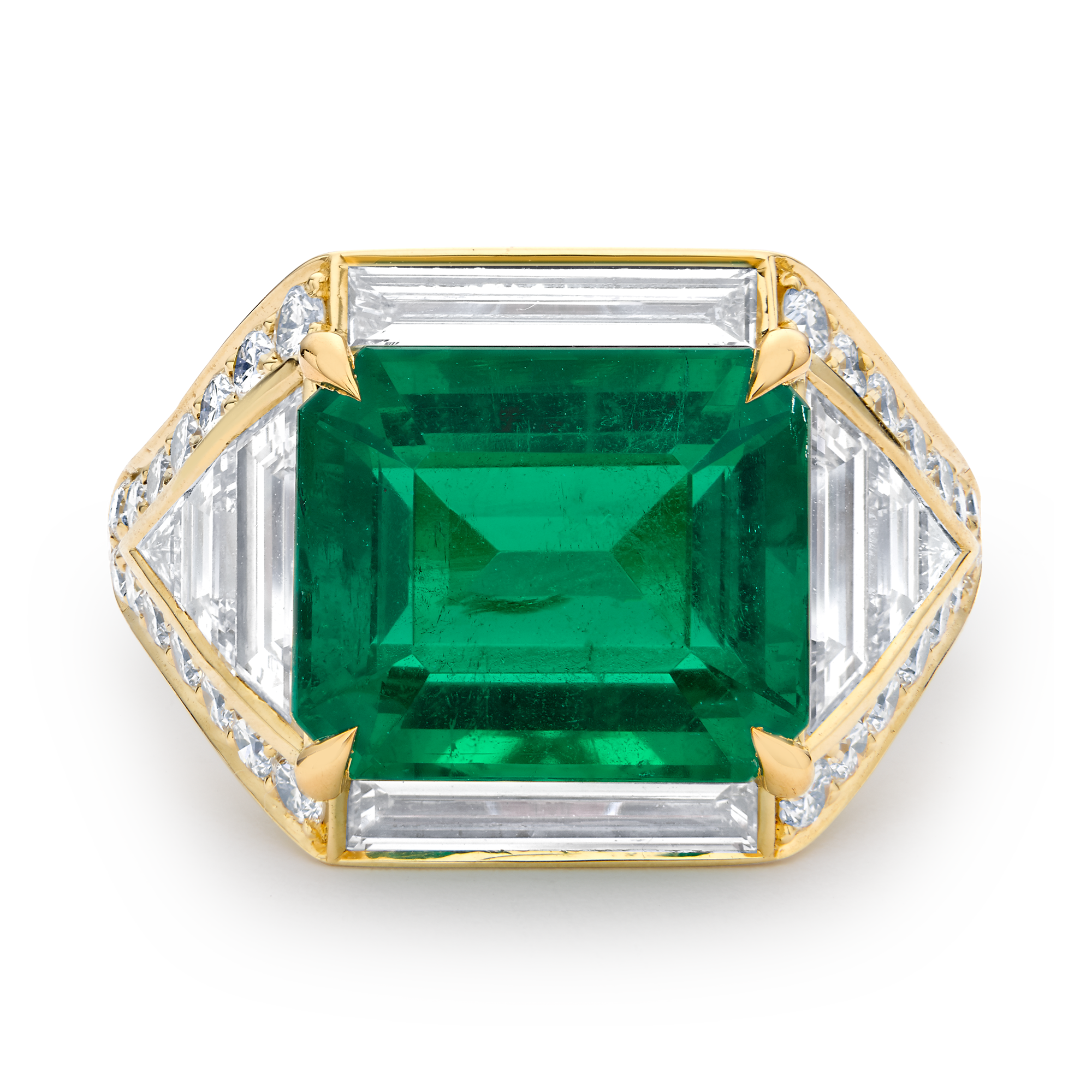 Masterpiece Trap Cut No Oil Colombian Emerald Ring Baguette Cut Diamond Surround and Shoulders_2