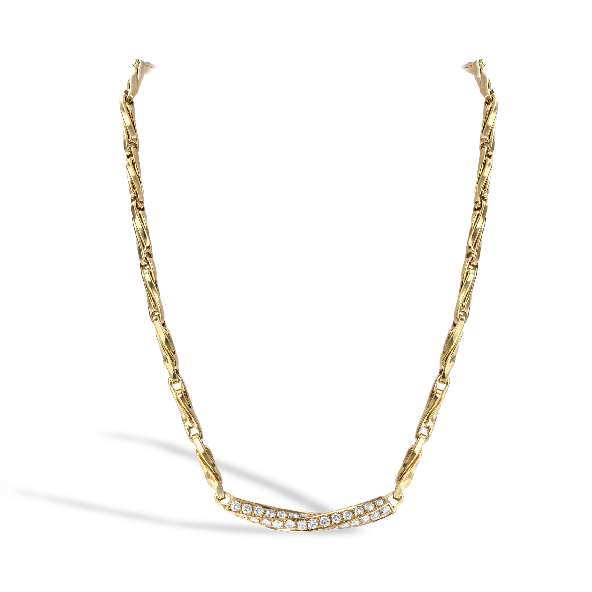 1980s Bvlgari Fancy Twisted Link Diamond Necklace Round Brilliant Cut, Grain Set_1