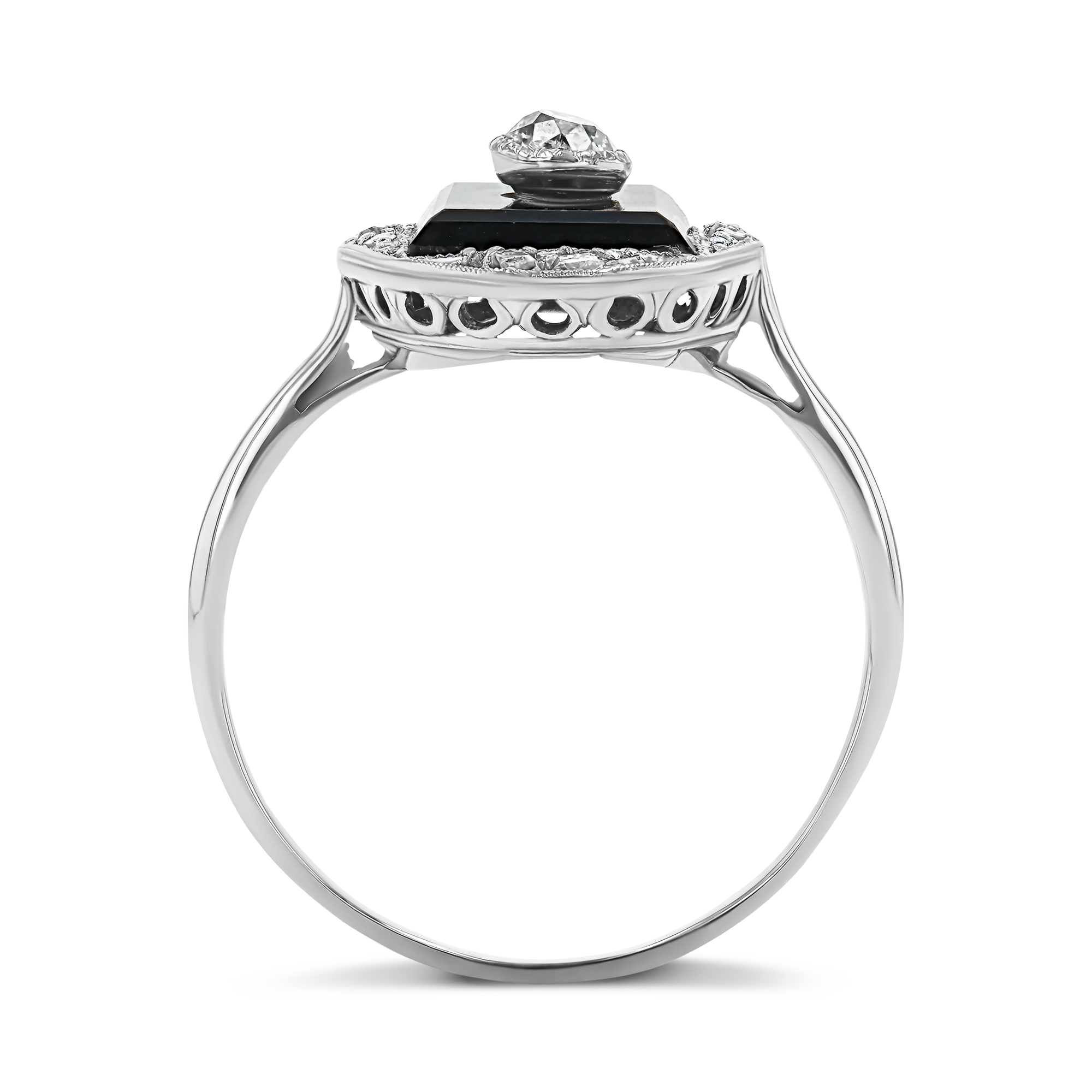 Art Deco Old Mine Cut Diamond and Onyx Cluster Ring Old Mine Cut, Millegrain Set_3