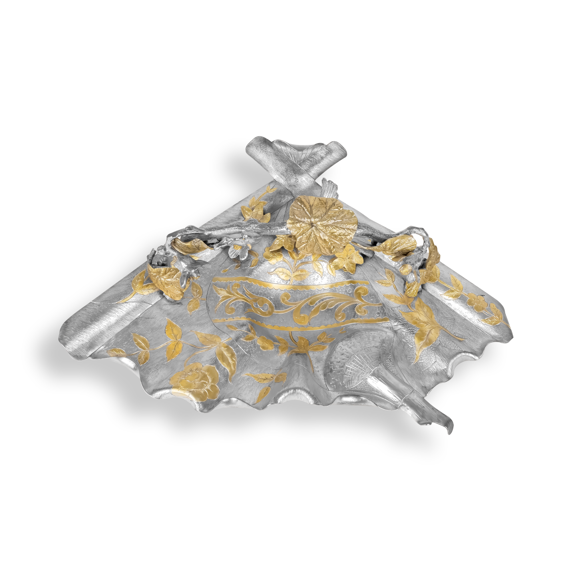 Queen Victoria Silver and Gilt Plated Art Nouveau Decorative Bird Fan Shaped Basket _1