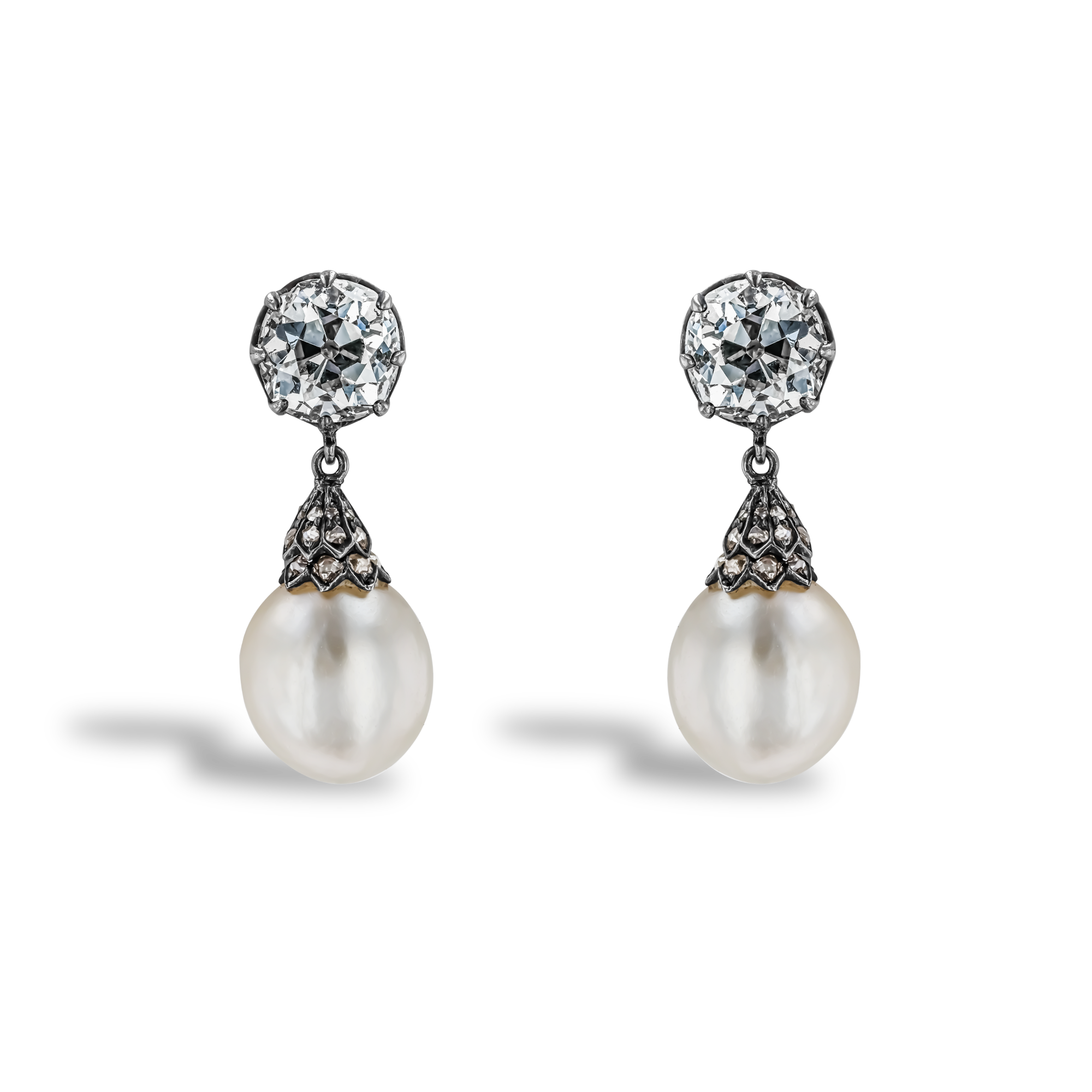 Victorian 2.80ct Saltwater Pearl and Diamond Drop Earrings Old Mine Cut, Claw Set_1