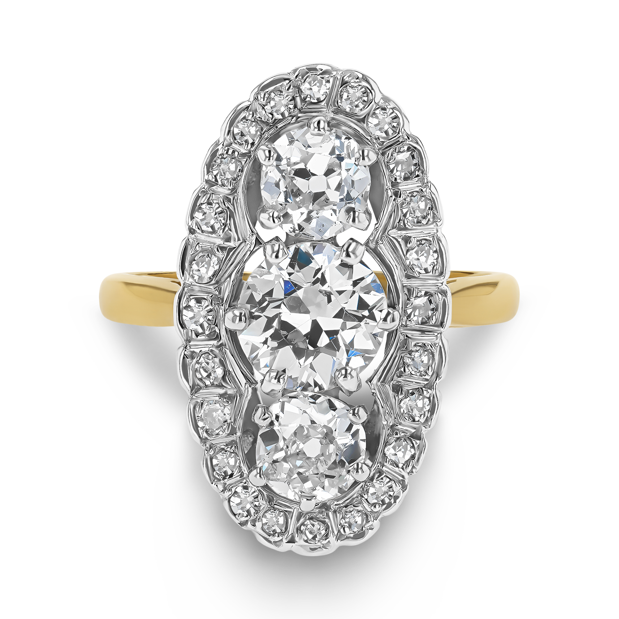 Old European Cut Three Stone Diamond Plaque Ring Old European Cut, Claw Set_2