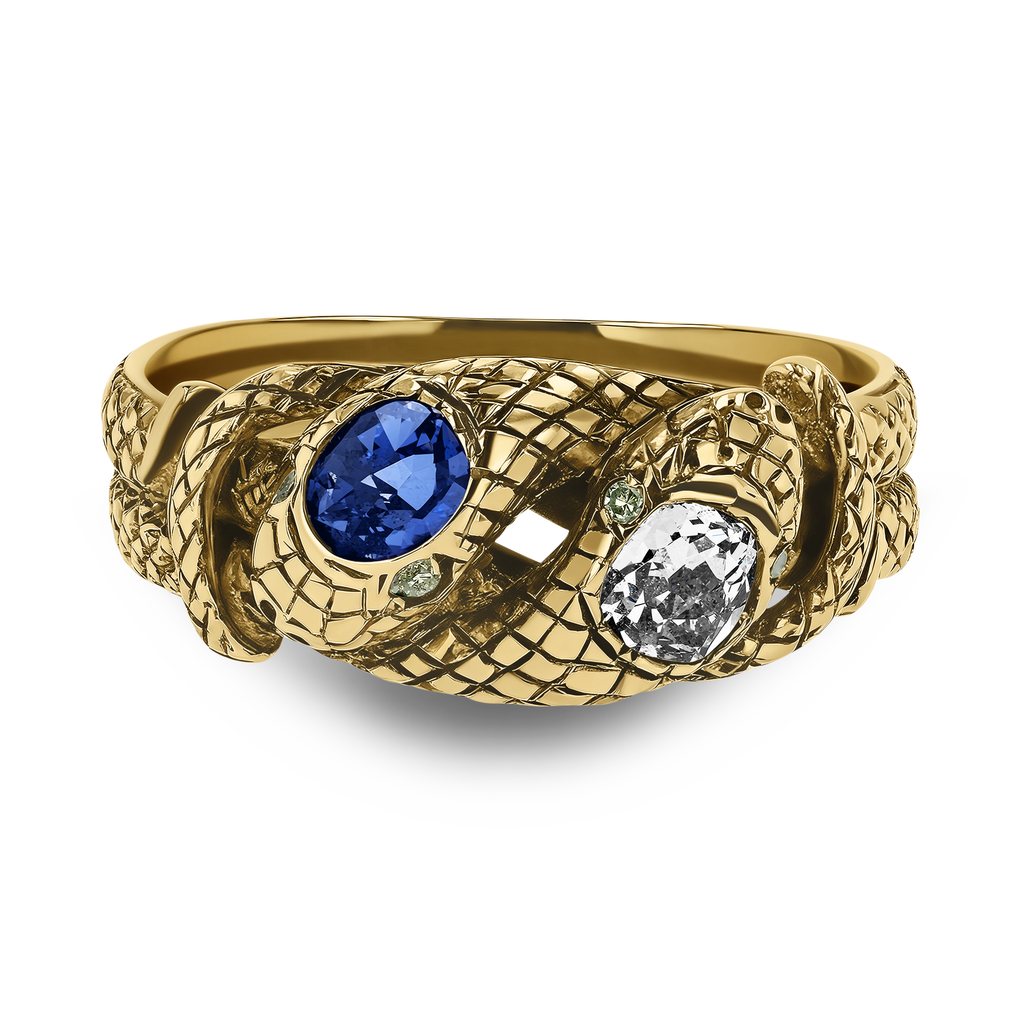 Belle Epoque Sapphire and Diamond Entwined Snake Ring Old Mine Cut, Rubover Set_2