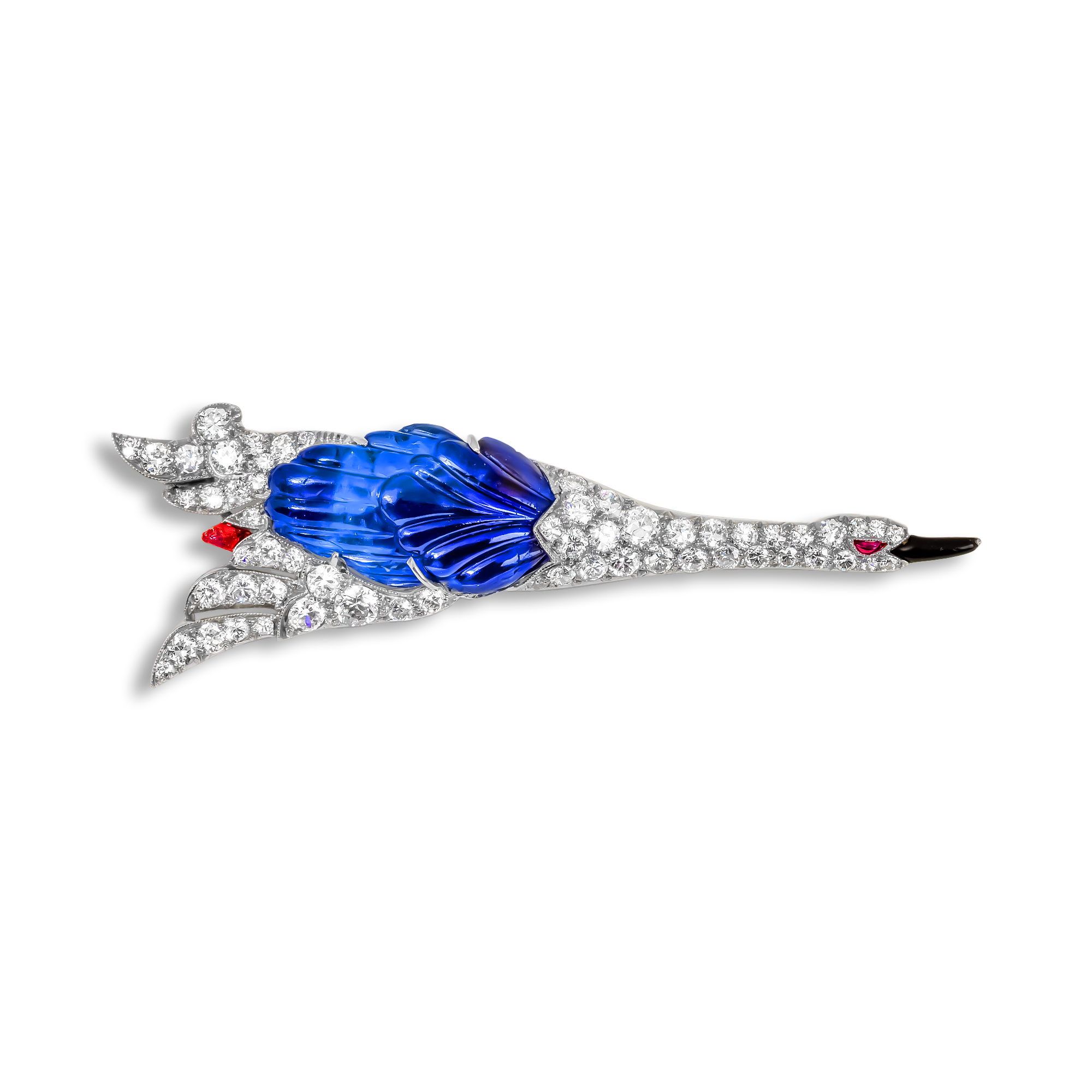 Art Deco Cartier 1.80ct Sapphire and Diamond Goose Brooch Cabochon Cut, Pavé Set_1
