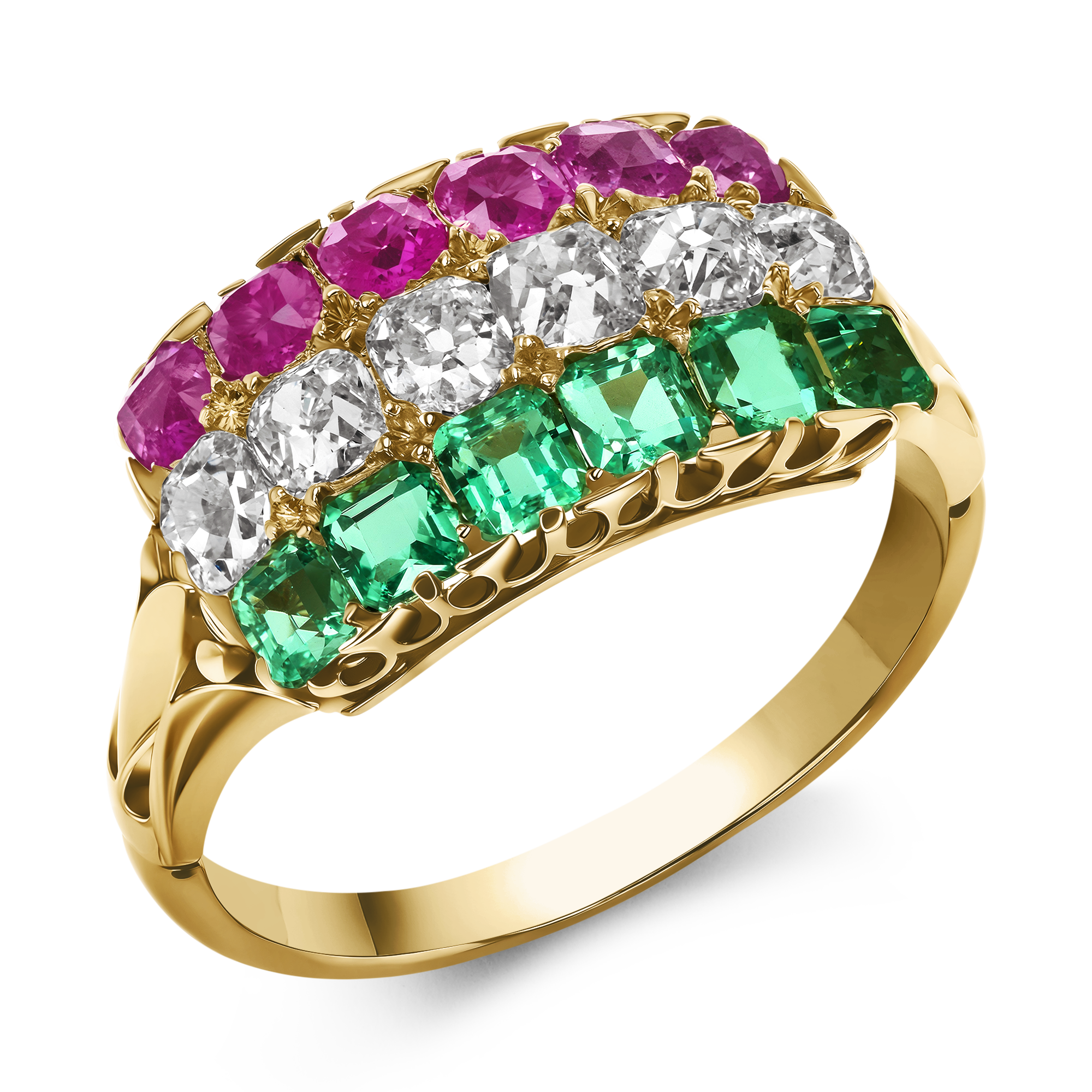 Three Row Ruby, Diamond and Emerald Ring Old Cut, Claw Set_1