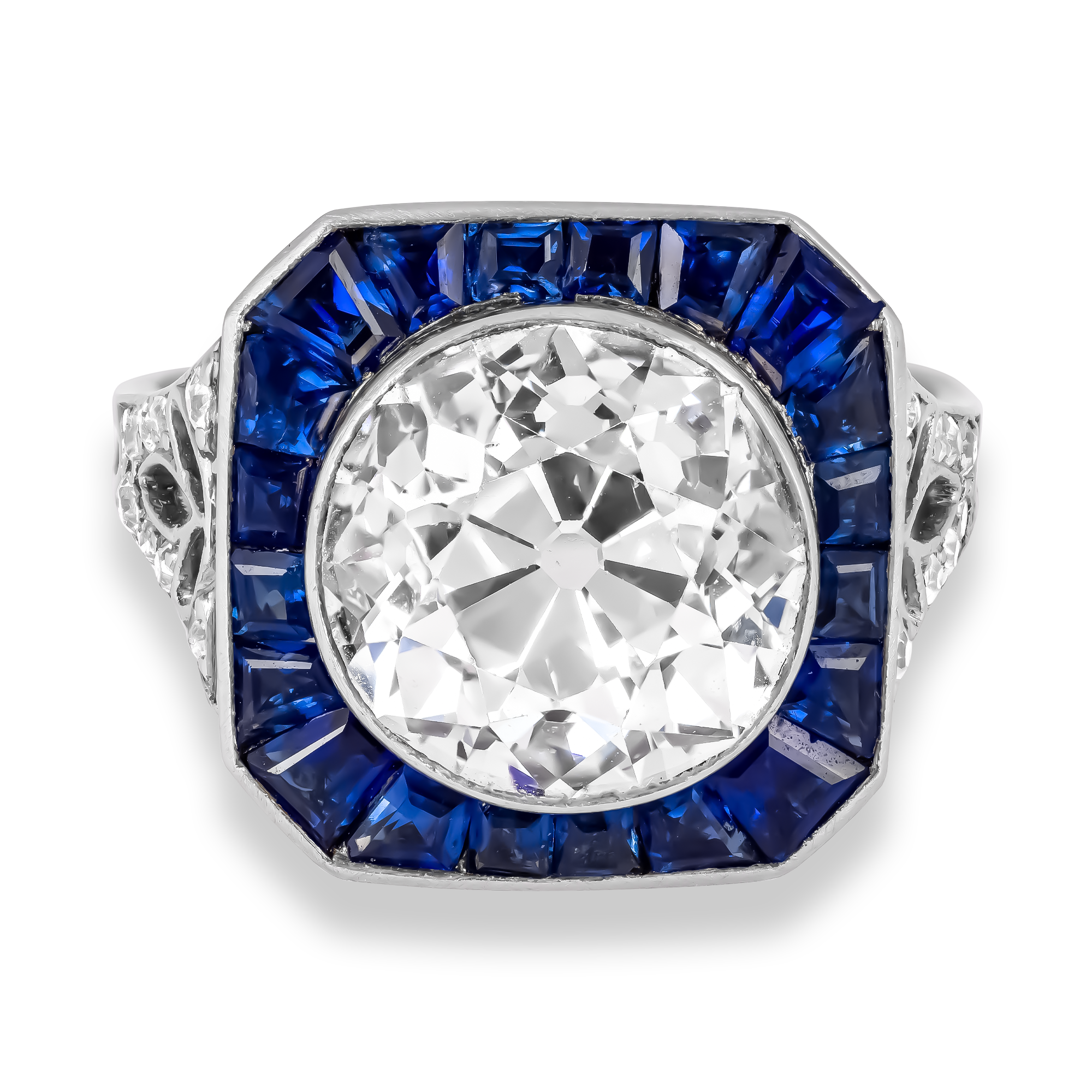 Art Deco Old Cut 3.30ct Diamond and Sapphire Target Ring Old European Cut, Rubover Set_2