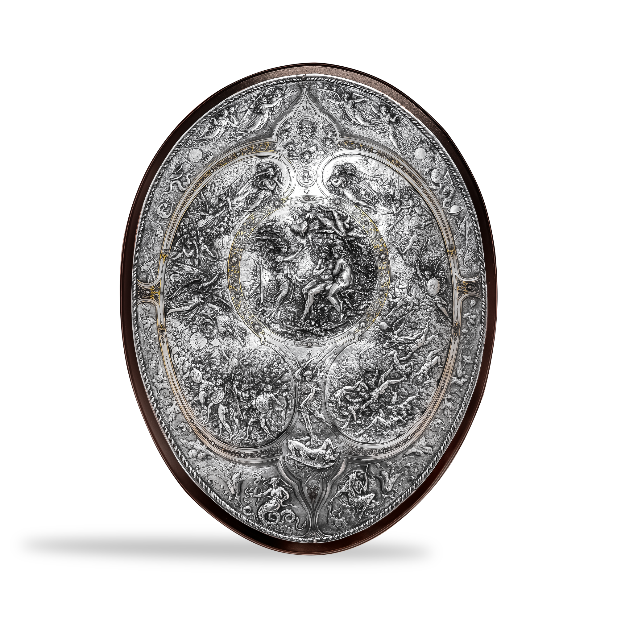 Antique Electroformed Copper, Silver and Gold Plated Shield, Depicting Scene 'Paradise Lost' _1