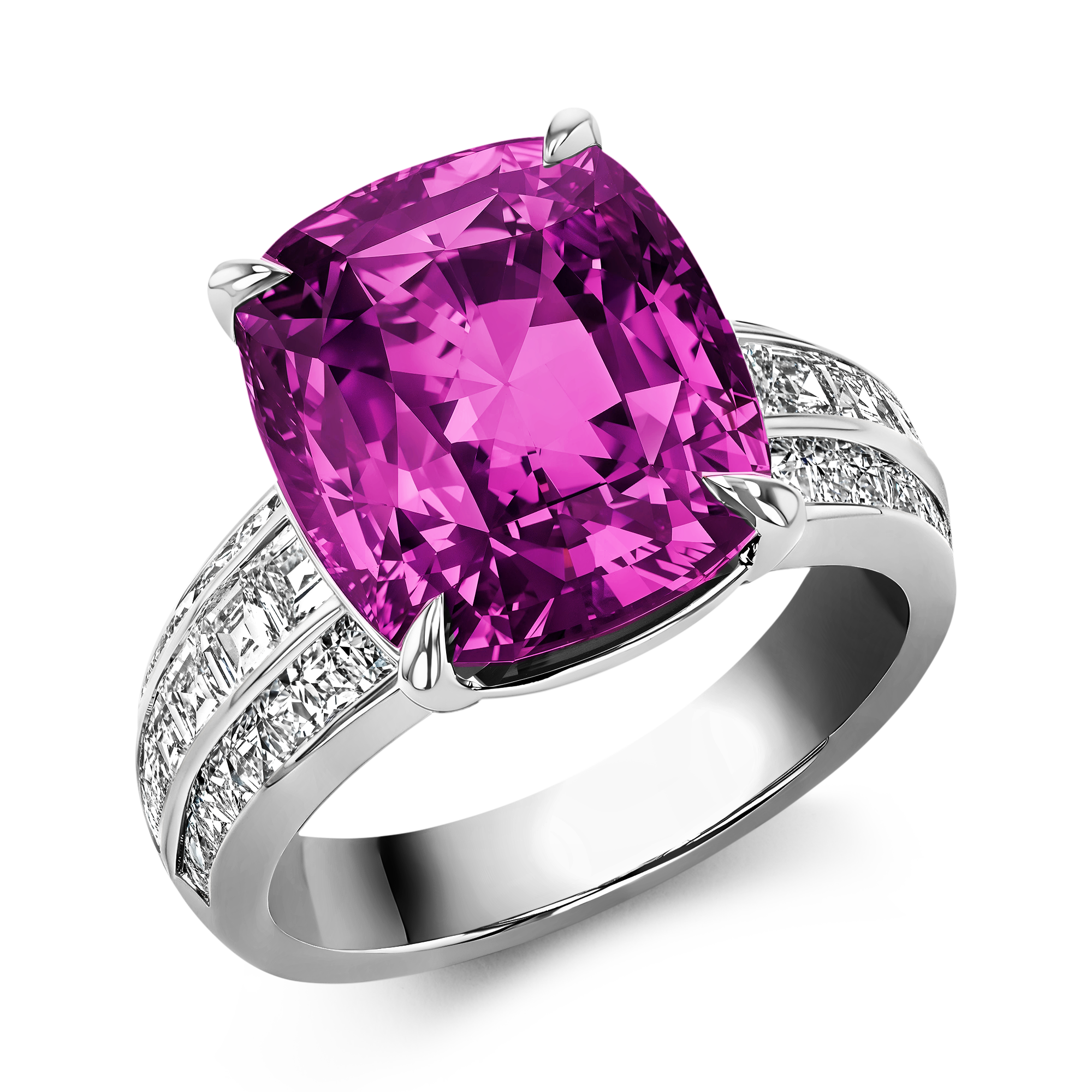 Masterpiece Hot Pink Sapphire Ring Cushion, French & Carre Cut, Manhattan Diamond Settingt_1