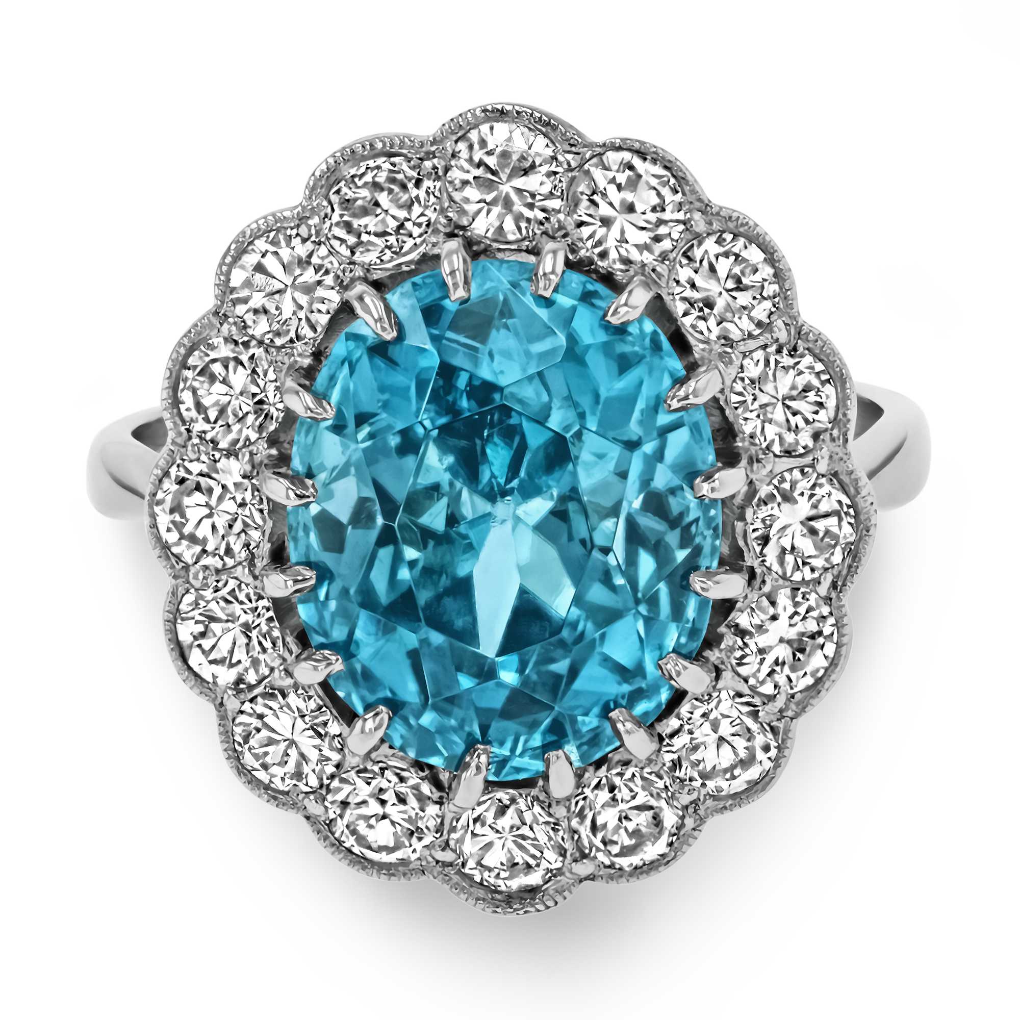 Blue Zircon Cluster Ring with Diamond Surround Oval Cut, Claw Set_2
