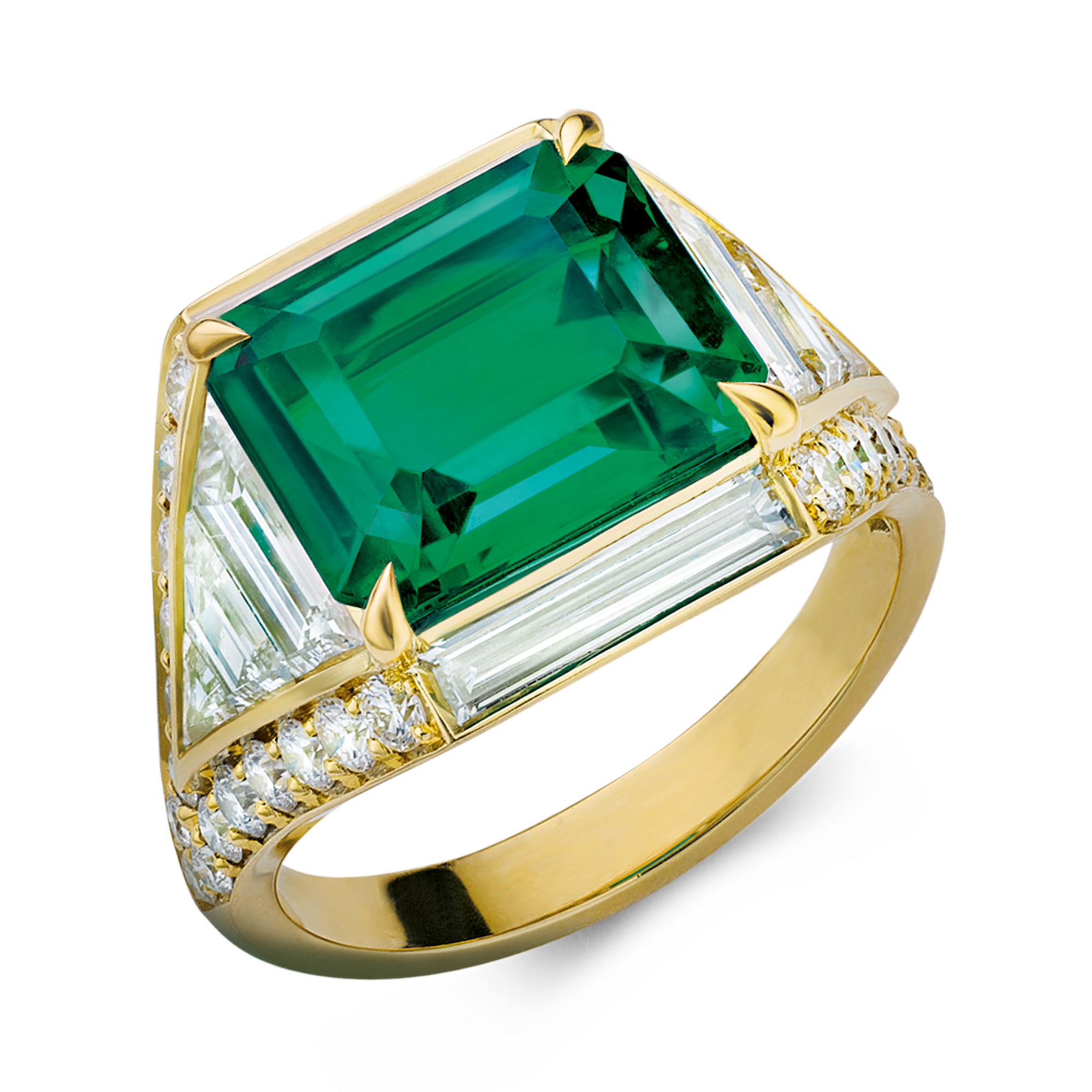 Masterpiece Trap Cut No Oil Colombian Emerald Ring Baguette Cut Diamond Surround and Shoulders_1