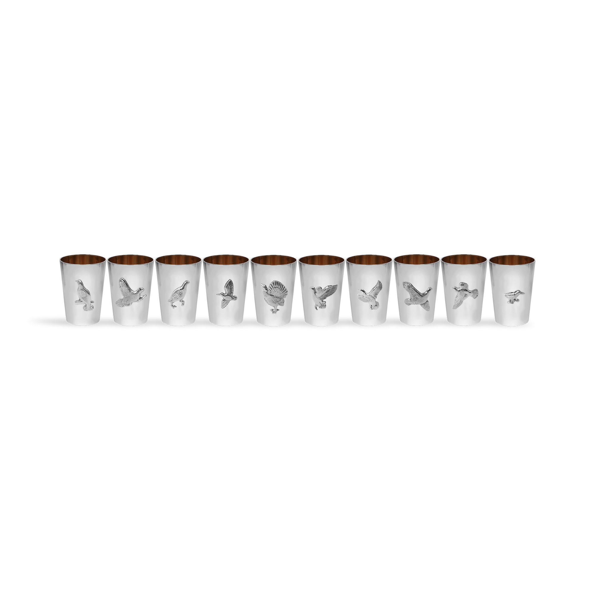 Silver Set of Ten Bird Motif Shooting Cup with Guilded Edge _3