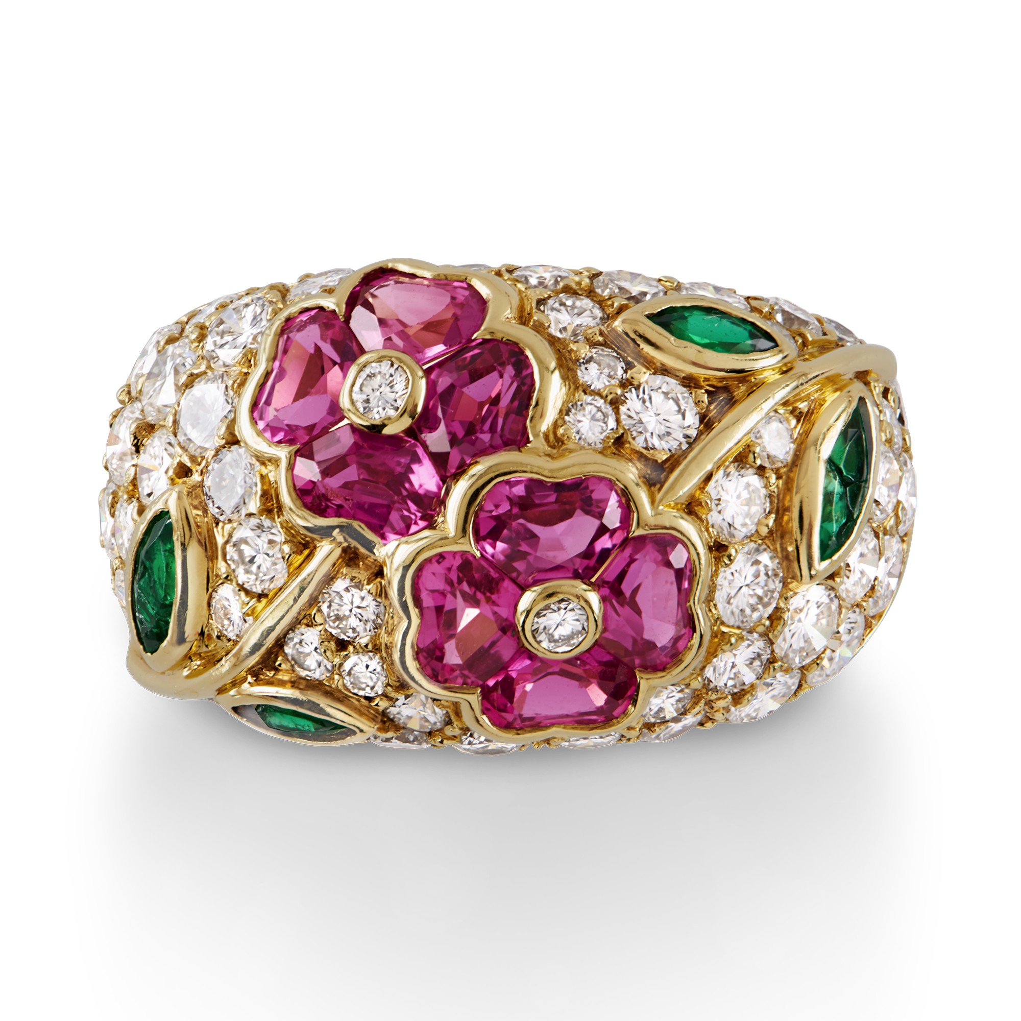 Contemporary Van Cleef & Arpels Floral Ring Cocktail Ring, with Diamond, Pink Sapphire & Emerald_2