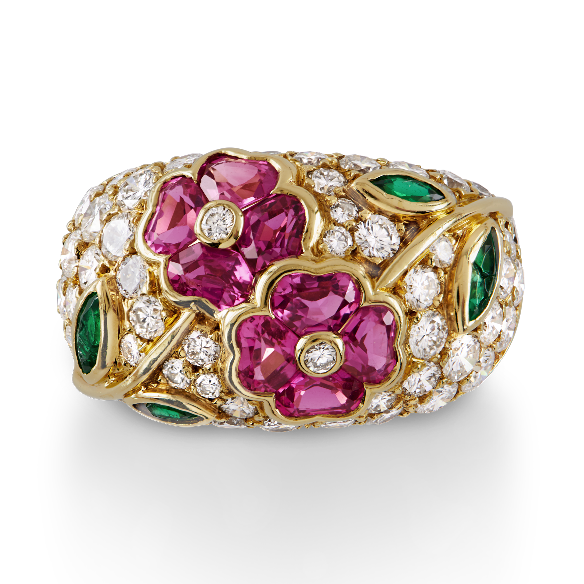 Contemporary Van Cleef & Arpels Floral Ring Cocktail Ring, with Diamond, Pink Sapphire & Emerald_2