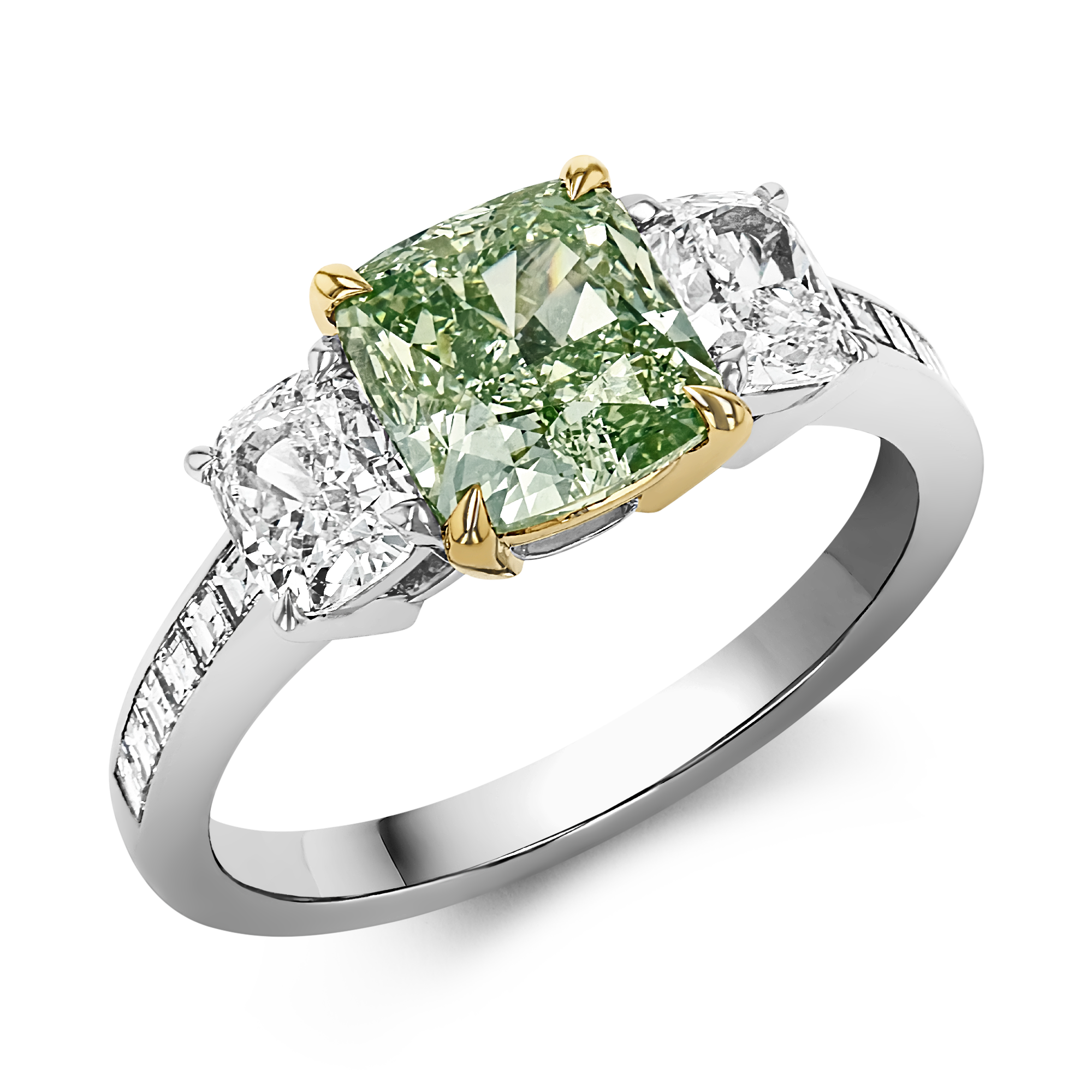 Masterpiece Fancy Intense Yellowish Green Diamond Ring in Deco Setting Cushion Modern Cut, Four Claw Set_1
