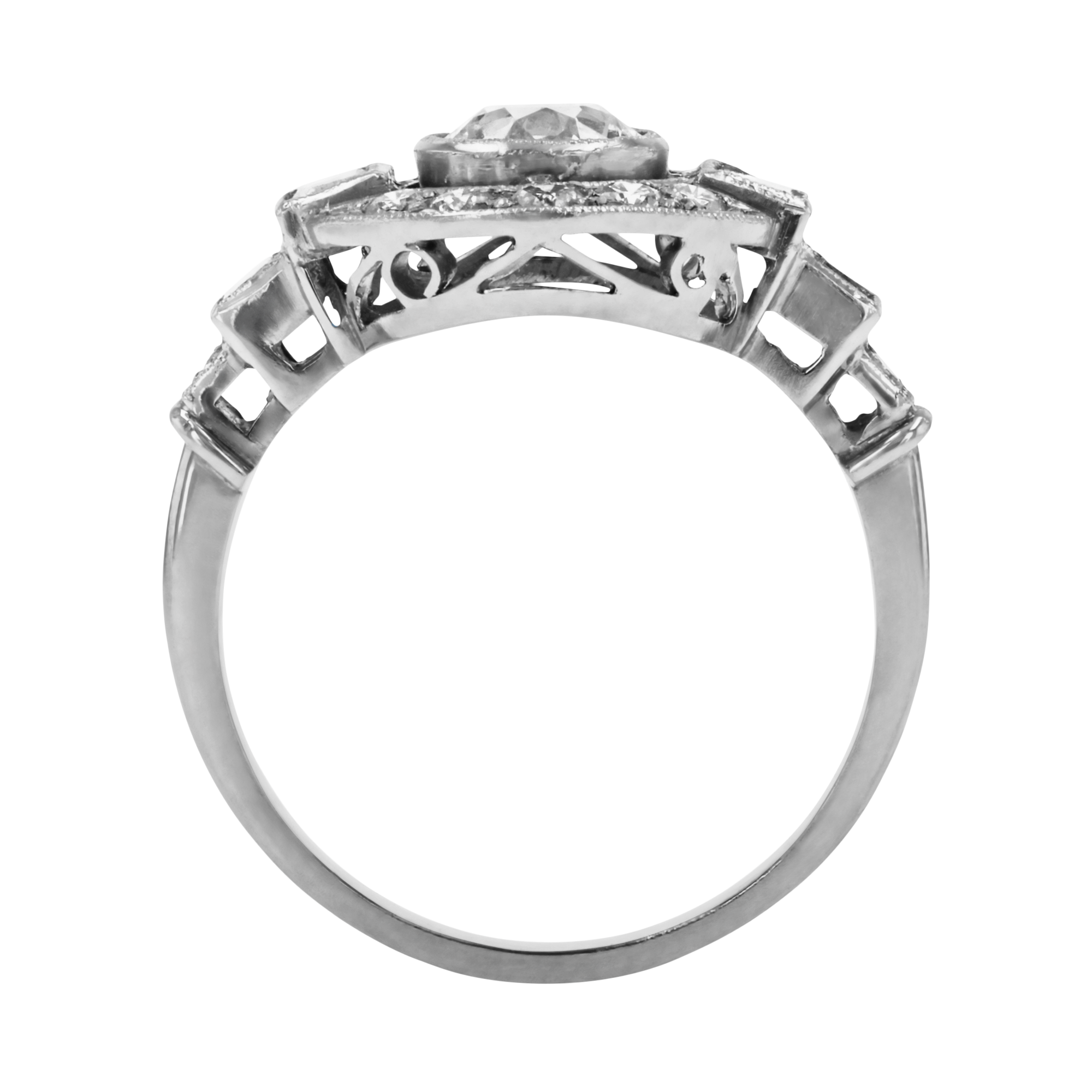 Art Deco Inspired Target Diamond Ring Round & Baguette Cut, Millegrain Set_3