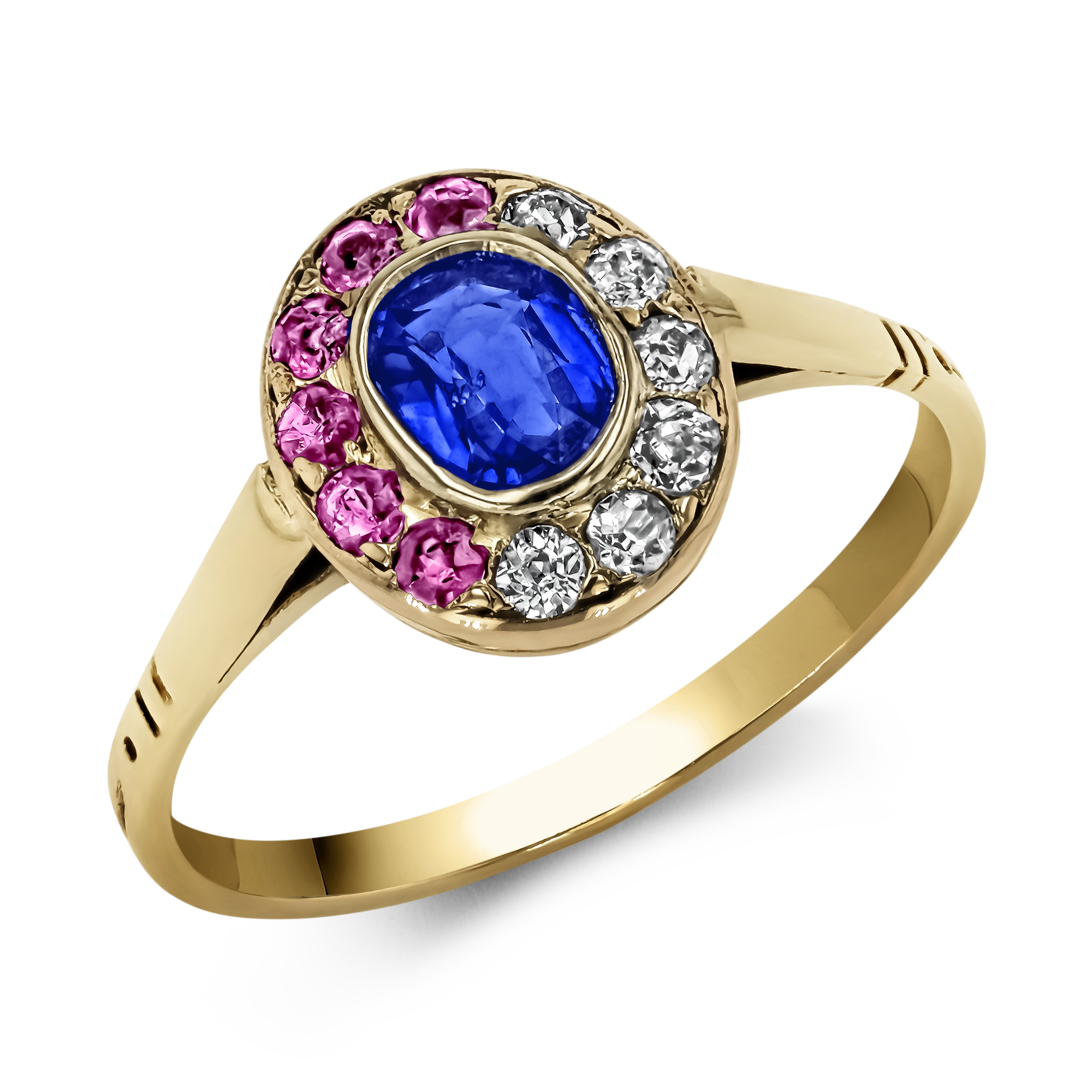 Belle Epoque Tri-Colore Sapphire, Ruby & Diamond Ring Oval, Old & Brilliant Cut, Rubover Set_1