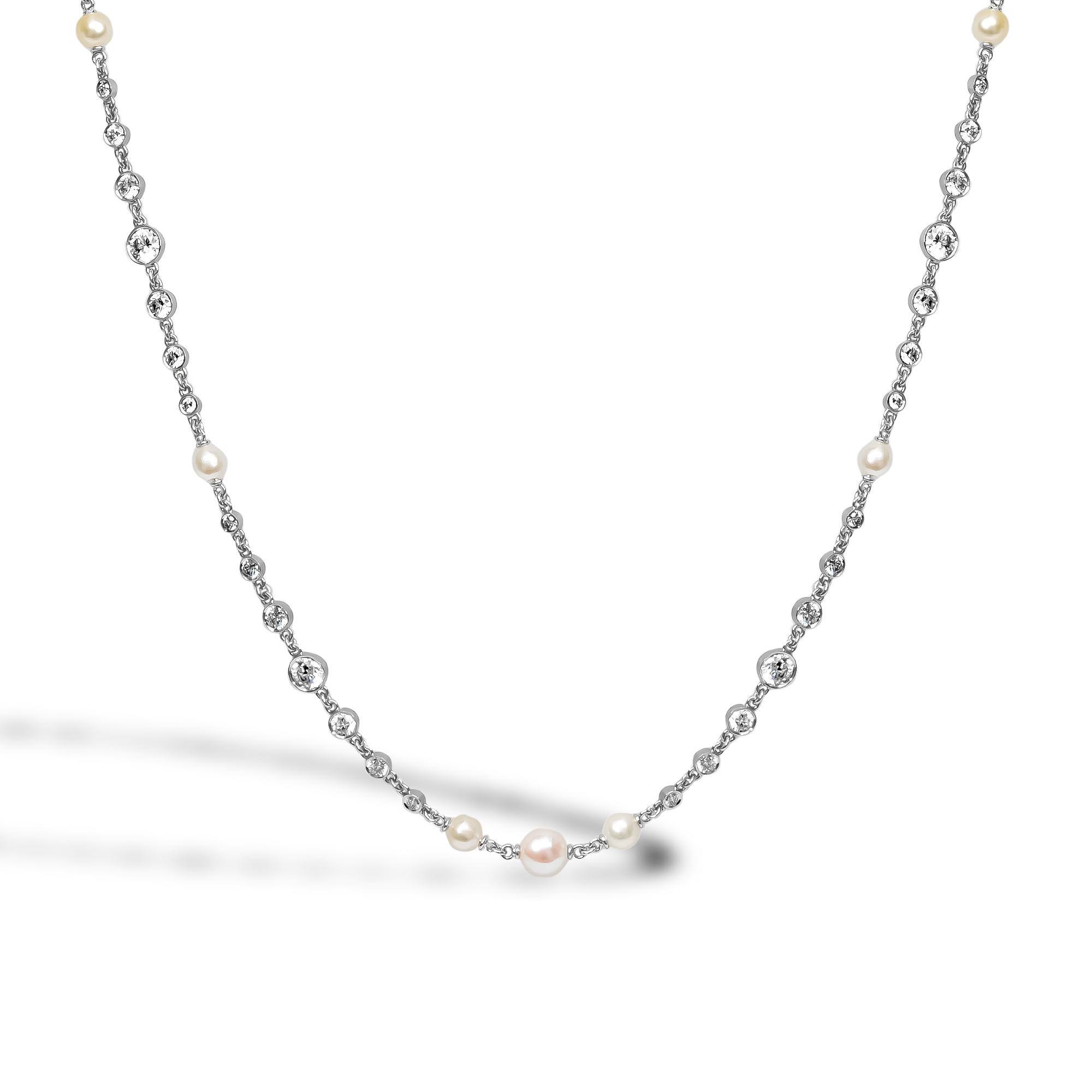 Brilliant Cut Diamond and Pearl 57cm Chain Necklace Brilliant Cut, Rubover Set_2