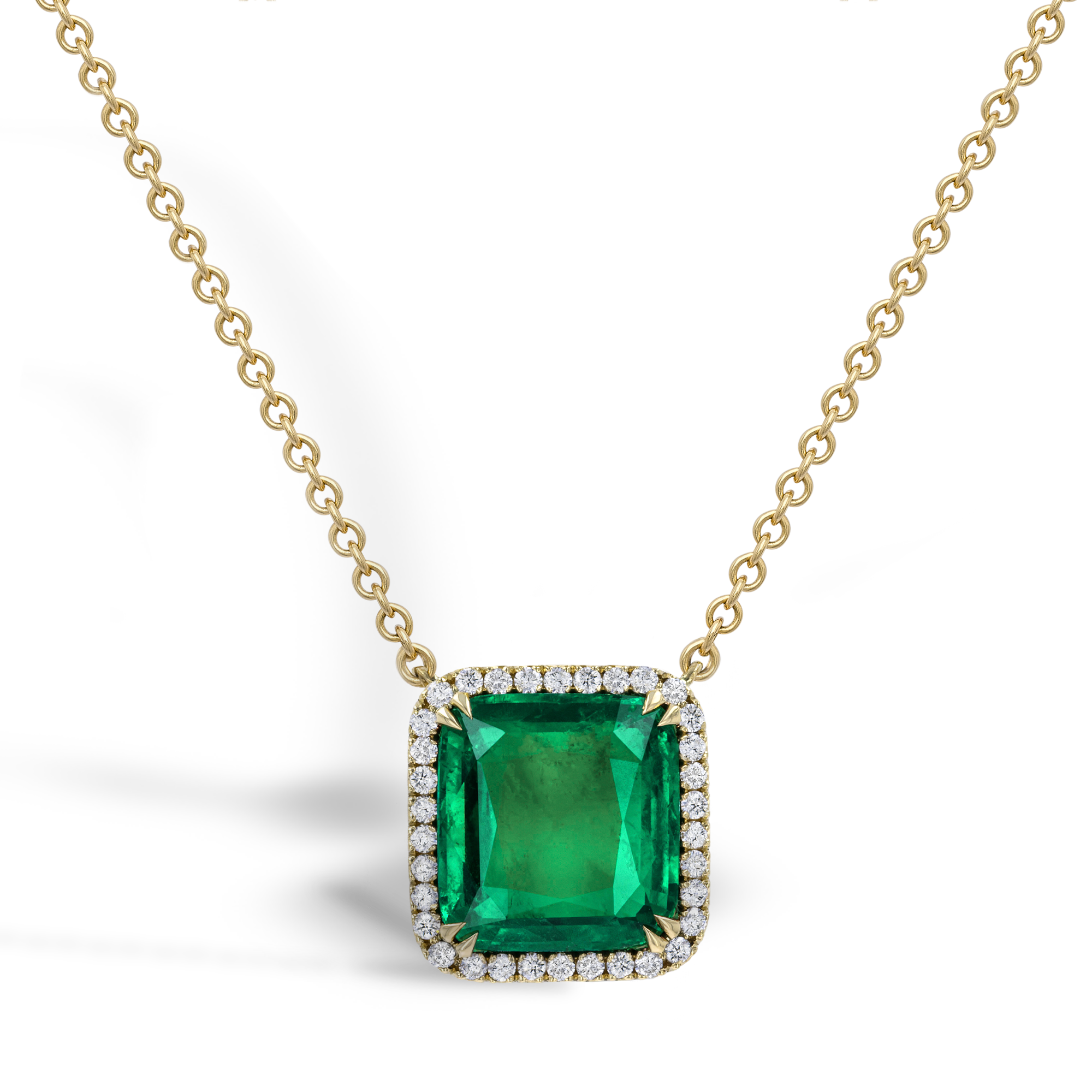 Masterpiece Celestial 5.58ct Colombian Emerald and Diamond Cluster Pendant Cushion Antique Cut, Claw Set_1