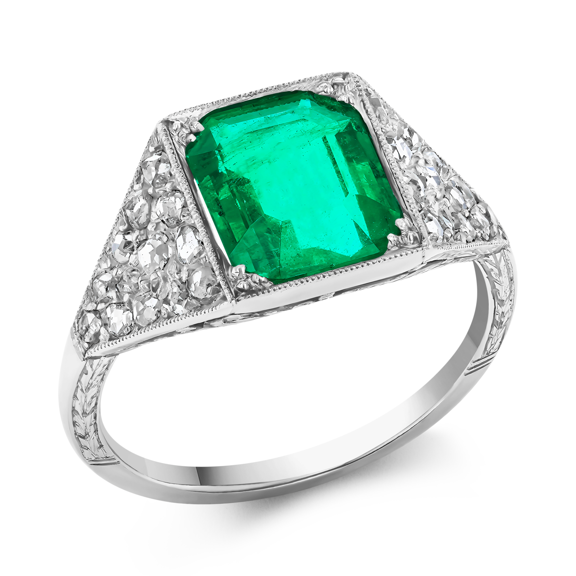 Edwardian Octagonal Cut 1.80ct Emerald and Diamond Ring Octagonal Cut, Claw Set_1