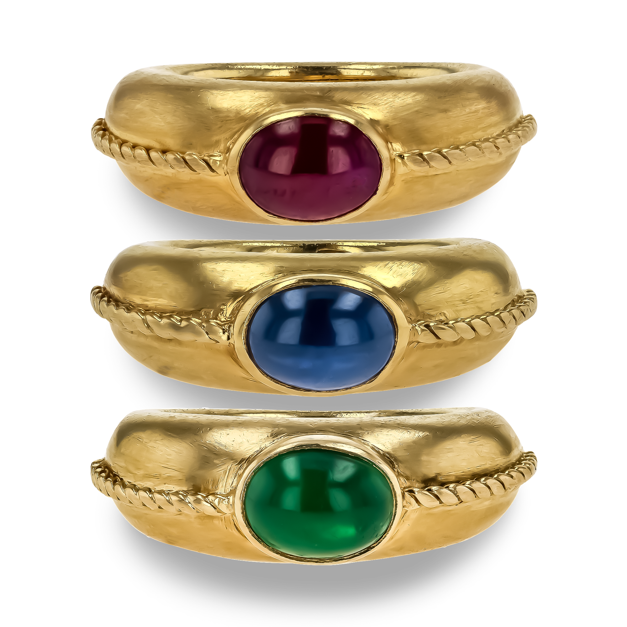 1960s Emerald, Ruby and Sapphire Trio of Rings Cabochon Cut, Rubover Set_2