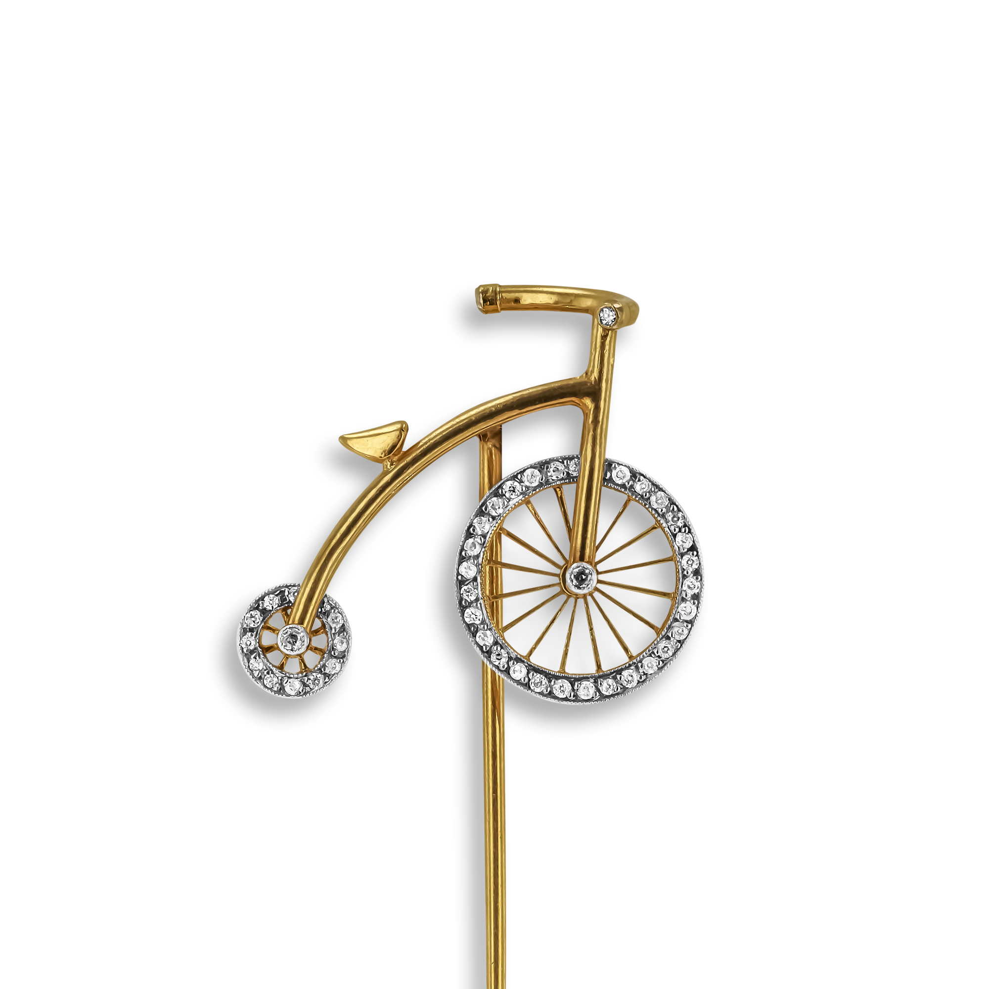 Victorian Diamond Penny-Farthing Stick Pin Old Cut, Grain Set_2