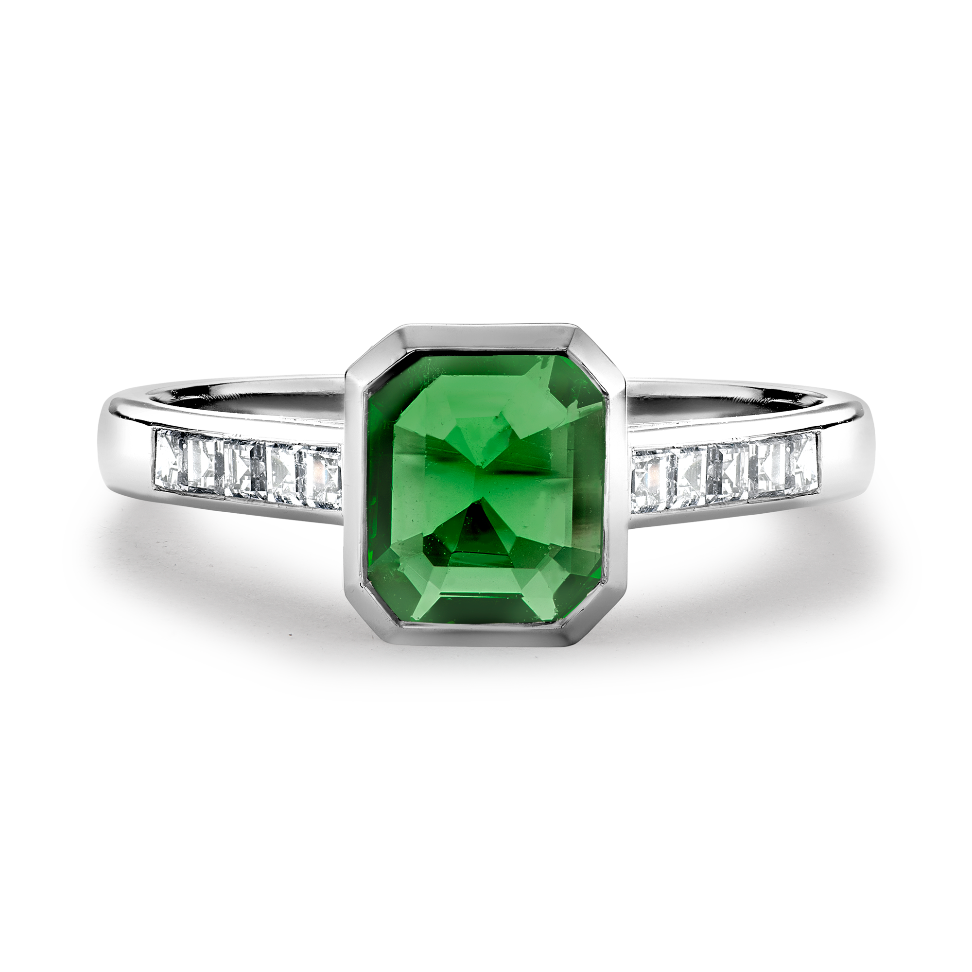 Trap Cut 0.77ct Emerald and Diamond Ring Trap Cut, Rubover Set_2